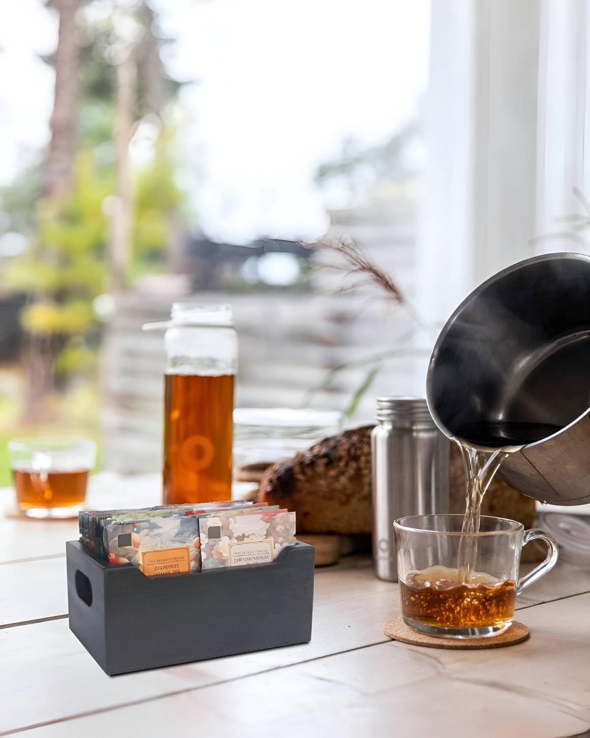 Premium Wooden Tea Bag Organizer with Handle - Compact Tea Storage Box for Teabags, Sugar Packets, Drink Mixes & Sweeteners - Perfect for Kitchen Countertop, Office Desk & Tea Station Organization