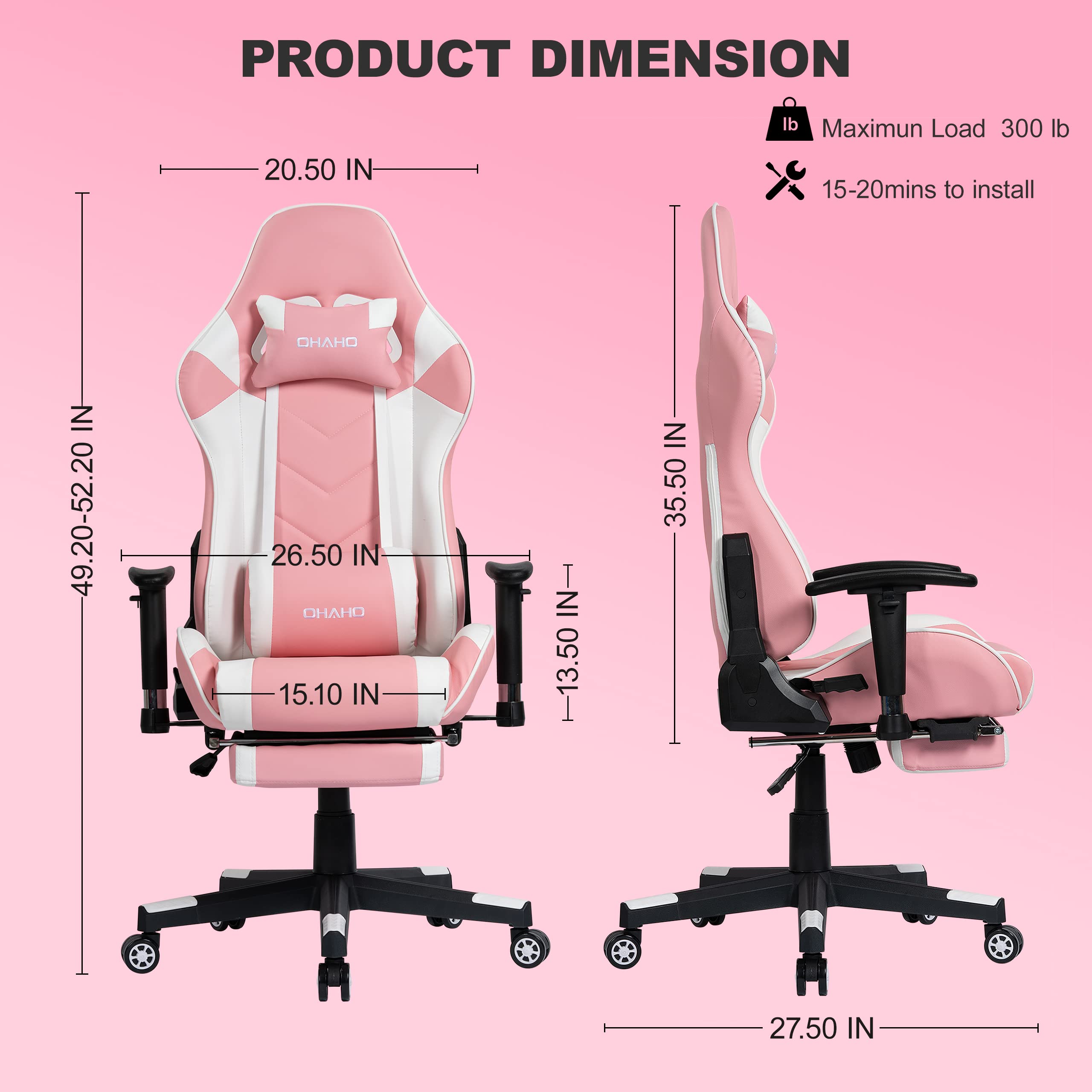 OHAHO Ergonomic Gaming Chair - Racing Style Office Chair with Adjustable Height, Lumbar Support & Massage, High Back Computer Desk Chair with Retractable Arms & Footrest for Home & Office Use (Pink/White) - Perfect for Gaming, Working & Relaxing