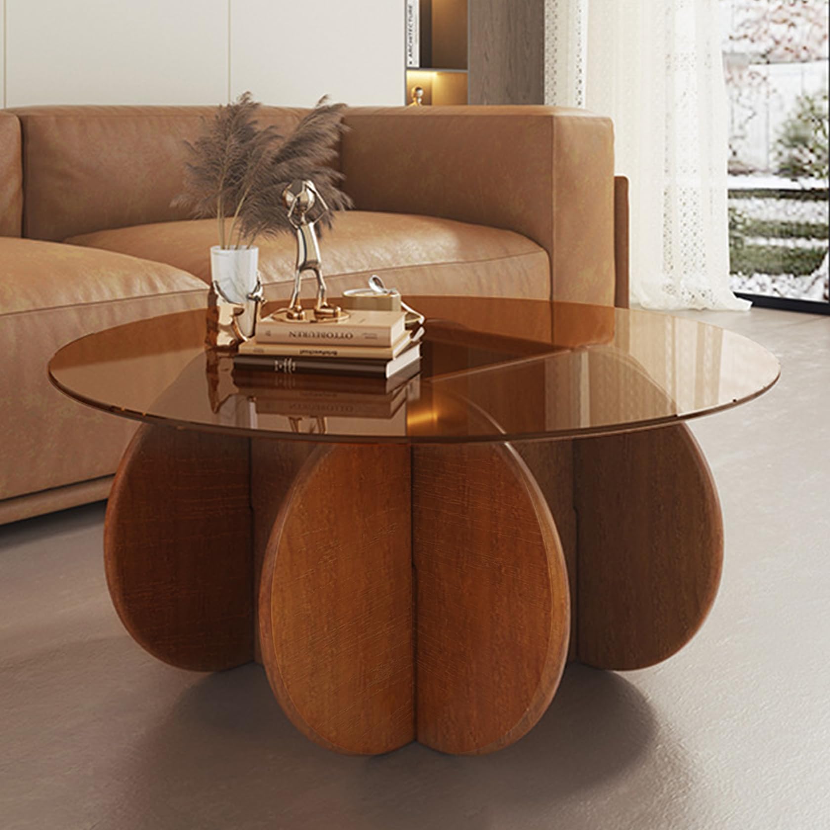 Modern Round Coffee Table with Solid Wood Legs - 31.5