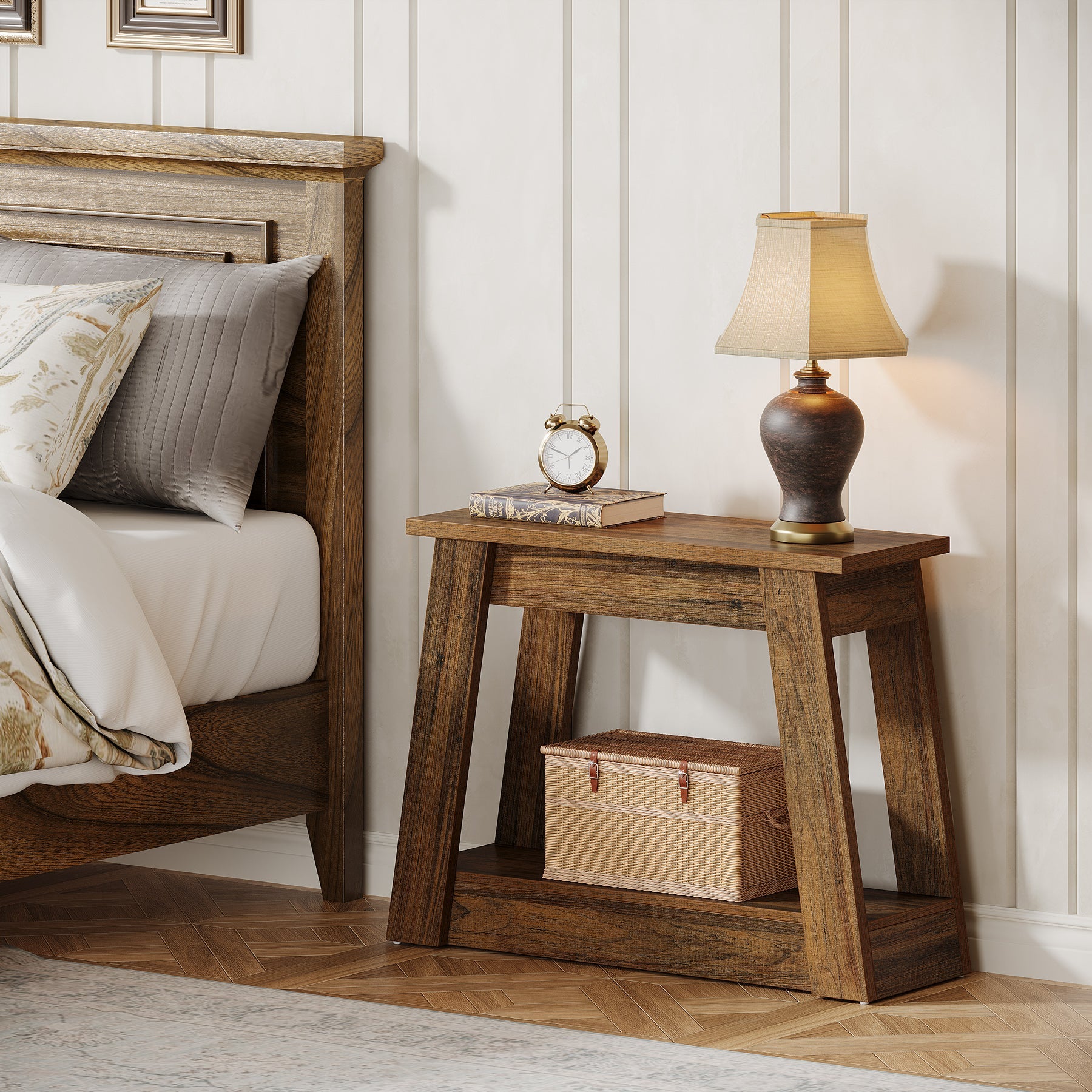 Modern Wood End Table with 2 Storage Shelves - Small Side Table for Living Room, Bedroom & Office - Perfect for Storing Books, Lamps & Decor