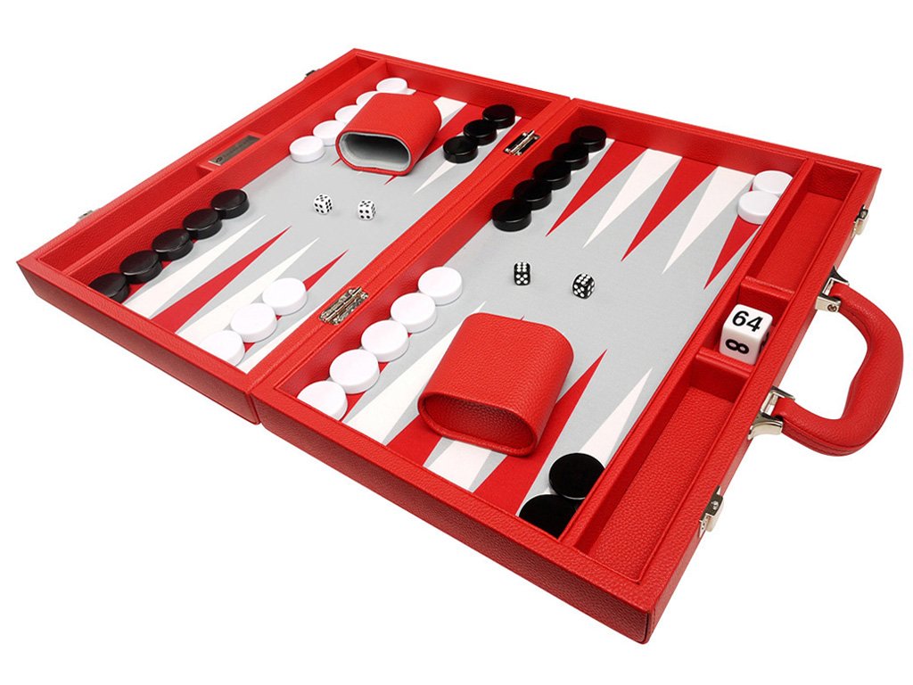 Premium 16-inch Backgammon Set with Red Wooden Board, Grey Playing Field & White/Red Points - Classic Board Game for Family Game Nights, Travel & Casino-Style Entertainment