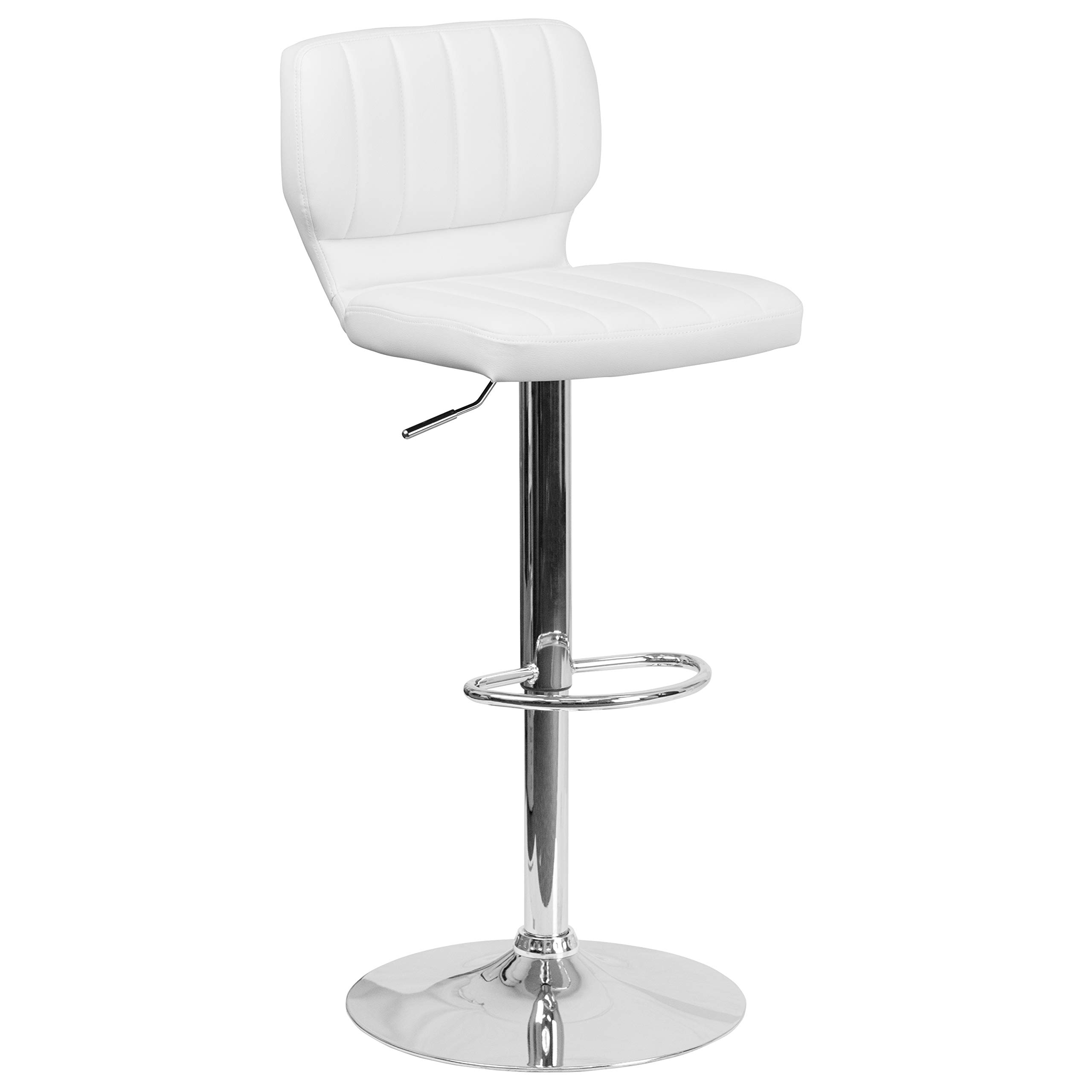 White Vinyl Adjustable Height Bar Stool with Vertical Stitching - Modern Kitchen Island & Breakfast Counter Stool for Home Decor