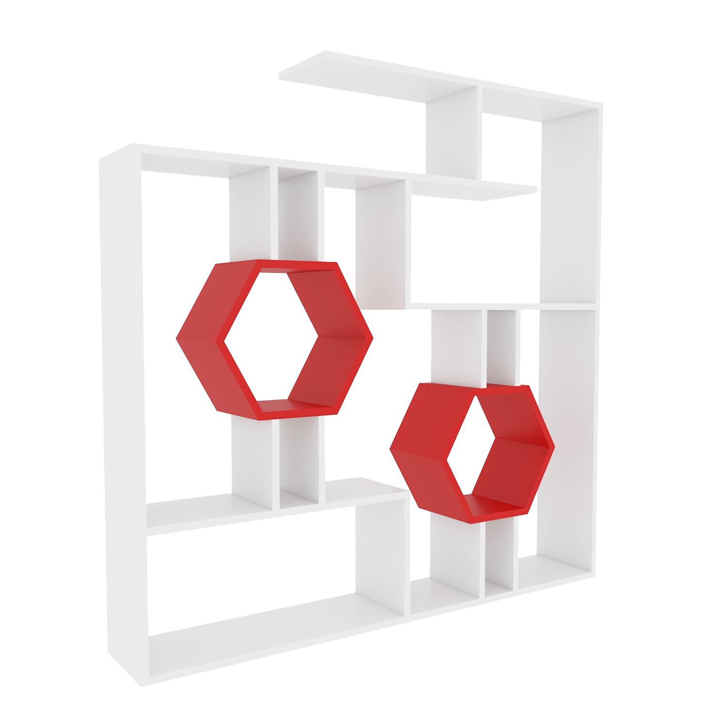 Decorotika Tamara Geometric Bookcase - Modern White & Red Cubic Bookshelf with Storage | Perfect for Living Room, Bedroom & Office Organization