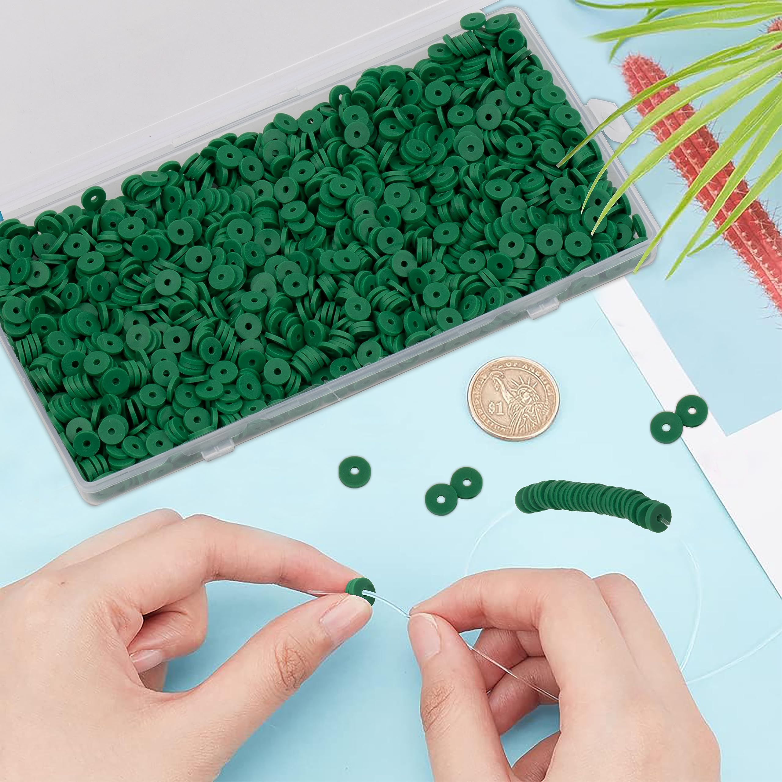 2000Pcs White Polymer Clay Spacer Beads - 6mm Round Flat Heishi Beads for DIY Jewelry Making, Bracelets, Necklaces & Earrings - Craft Gift for Adults (Green) - Perfect for Handmade Jewelry, Boho Accessories & Creative DIY Projects