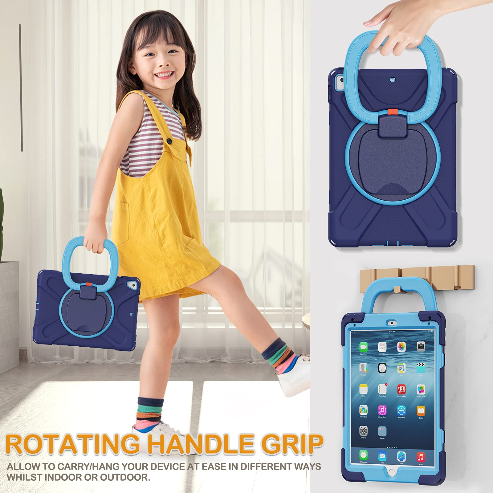 BRAECN Shockproof iPad Case for iPad 9.7 Inch (6th/5th Gen), iPad Pro 9.7, iPad Air 2 - Heavy Duty Protective Cover with Kickstand, Hand Grip, Pencil Holder & Shoulder Strap - Perfect for Kids, Students & Travel (Navy Blue)