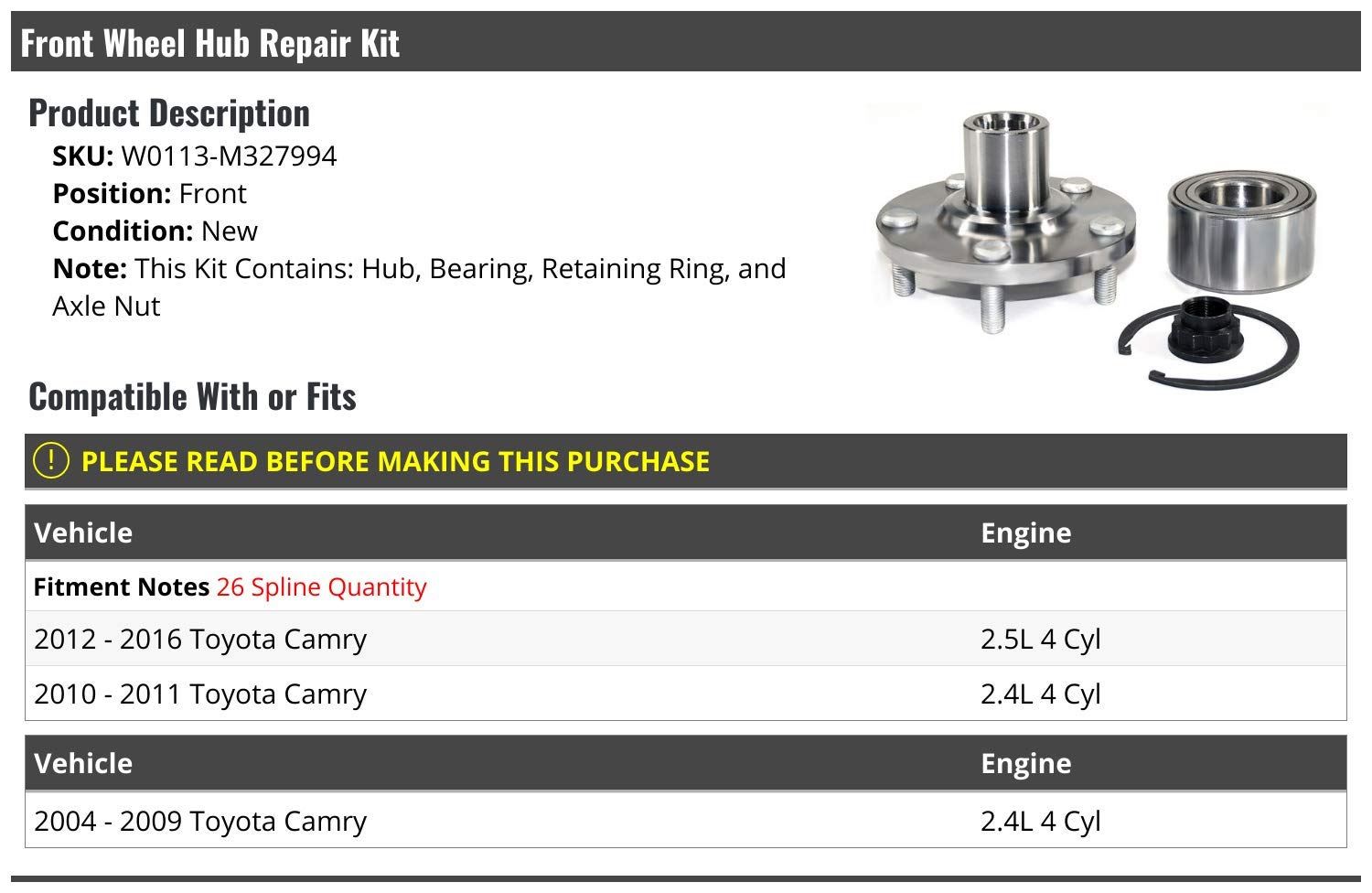 Toyota Camry Front Wheel Bearing Hub Assembly Replacement Kit (2004-2016) - Durable OEM Quality for Smooth Ride & Noise Reduction - Perfect for DIY Repairs & Professional Mechanics