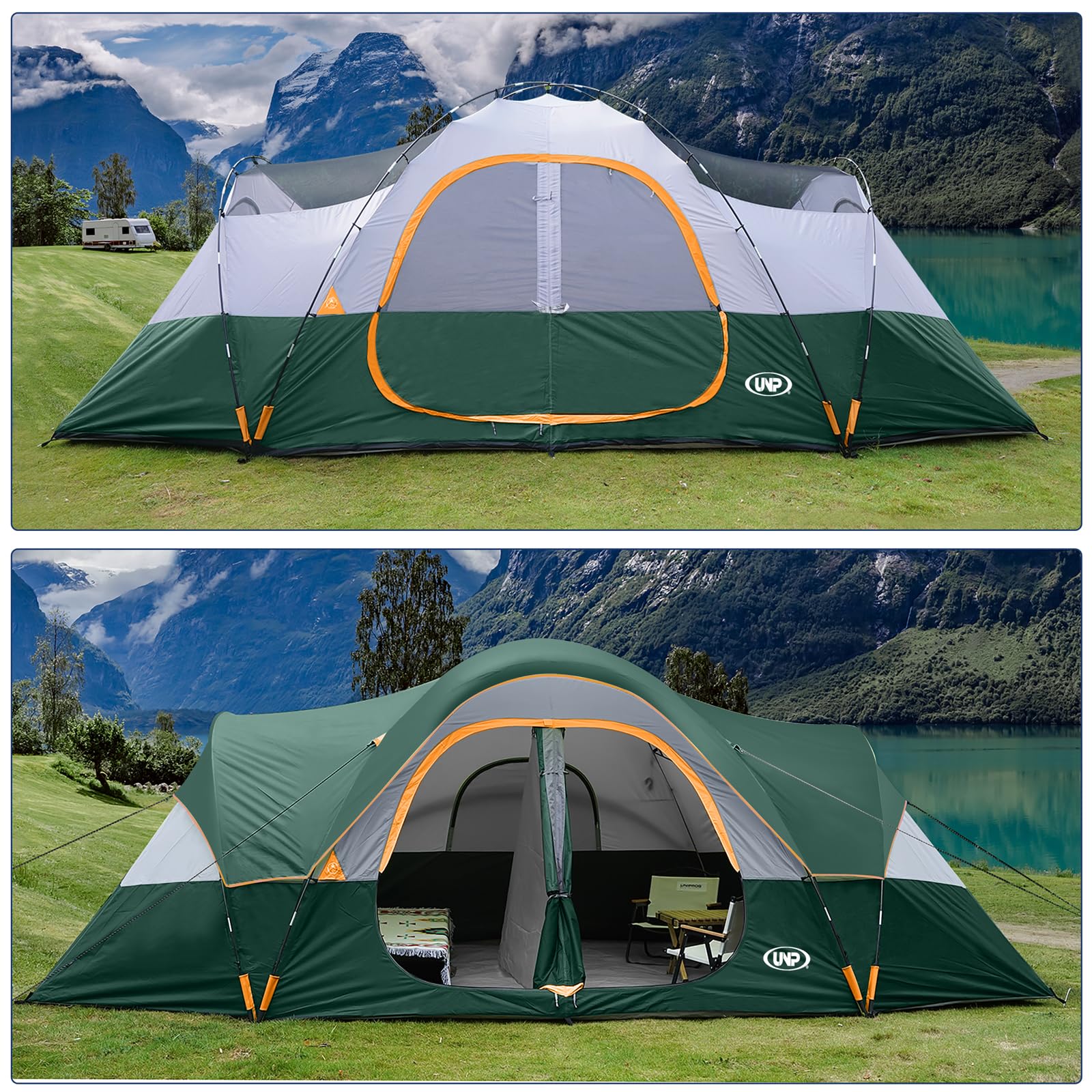UNP 10-Person Family Camping Tent - Large Easy Setup 2-Room Tent with 5 Mesh Windows, Waterproof & Weather Resistant (18ft x 9ft x 78in) - Perfect for Family Camping, Outdoor Adventures, Music Festivals and Backyard Parties