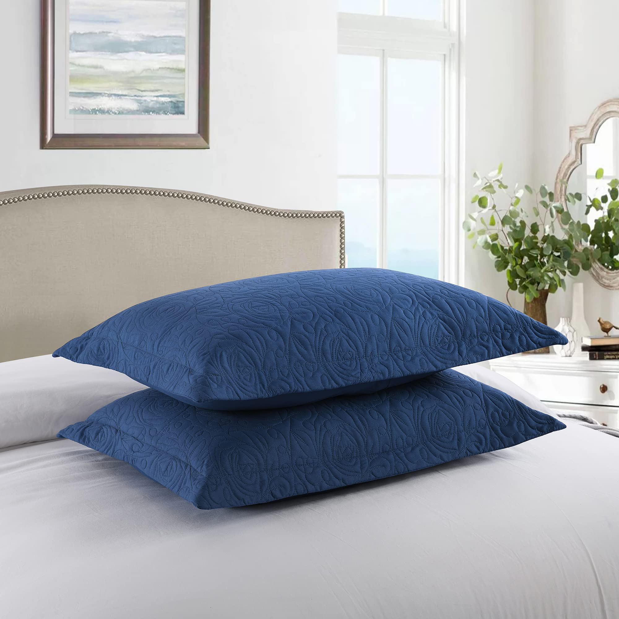 MarCielo Embroidered Pillow Covers Queen Set - Navy Blue for Bedroom Decor