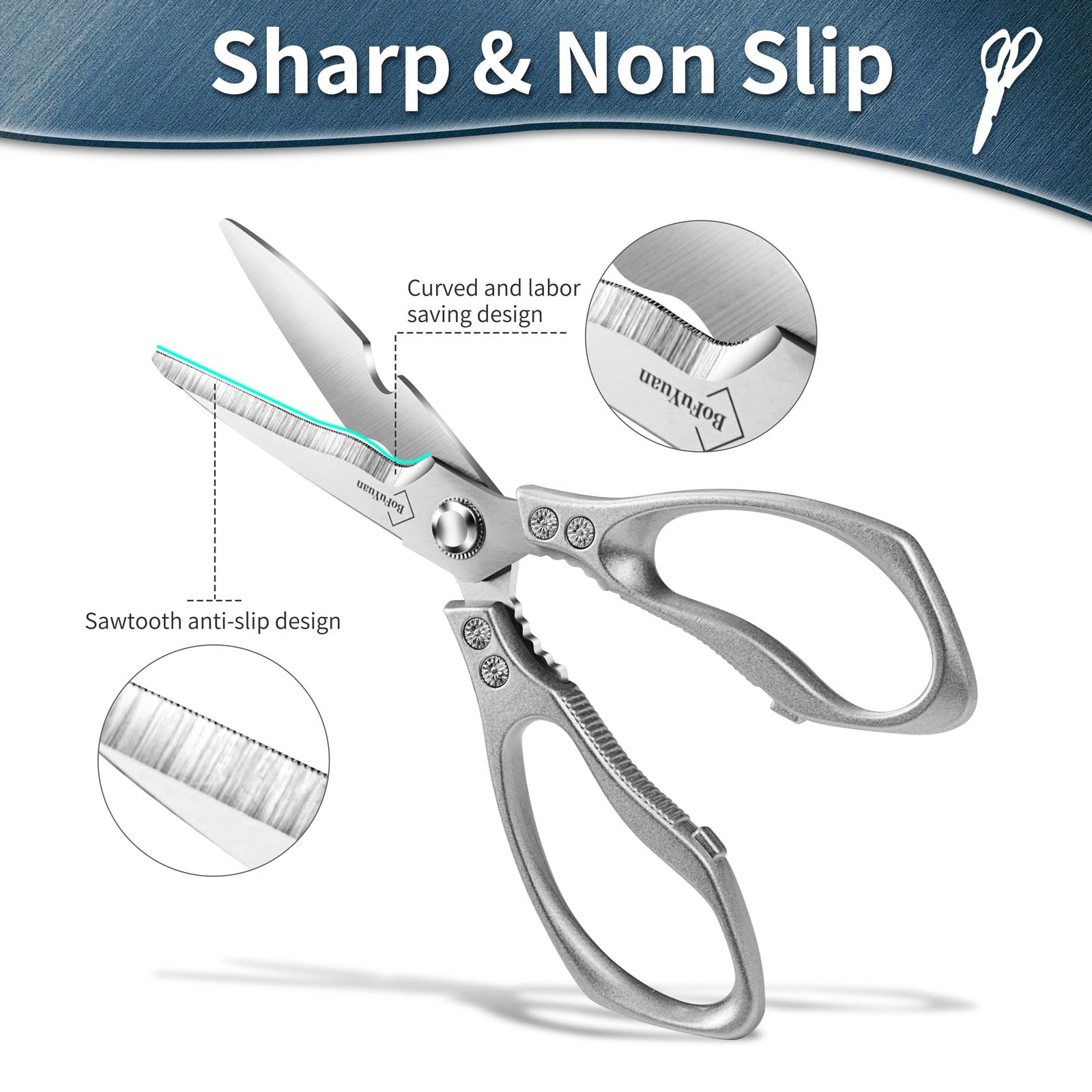 Heavy-Duty 9-Inch Stainless Steel Kitchen Shears - Multipurpose Food Scissors for Cutting Chicken, Meat, Bones & Herbs - Perfect for Meal Prep, Butchering & Cooking