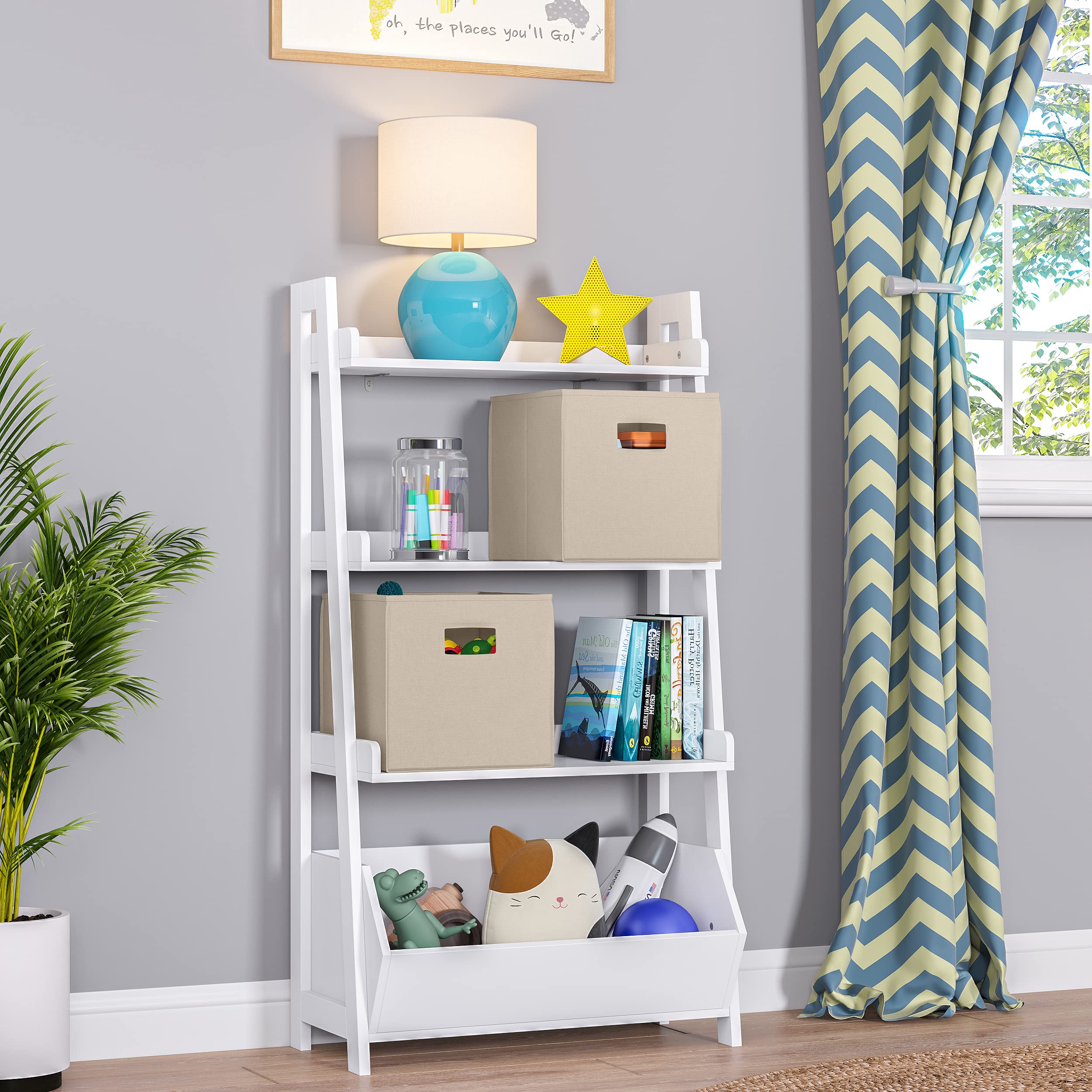 RiverRidge Kids 4-Tier Ladder Shelf Bookcase with 2 Taupe Fabric Bins - Toy Organizer & Book Display Stand for Nursery, Playroom & Bedroom - Spacious Open Shelves for Books, Toys & Games Storage