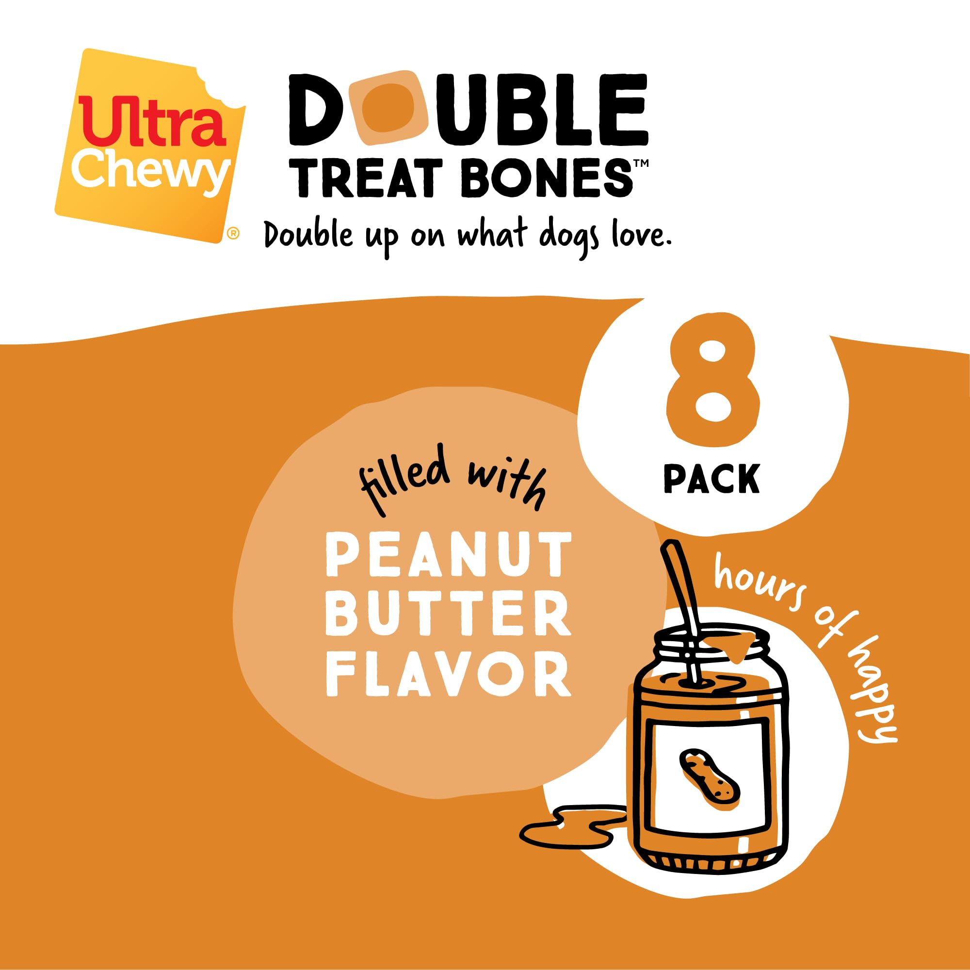 Ultra Chewy Peanut Butter Double Treat Bones - Long-Lasting USA Made Dog Treats for Large & Small Breeds | Highly Digestible Natural Snacks for Aggressive Chewers (24 Count) - Perfect for Training Rewards, Dental Health & Playtime