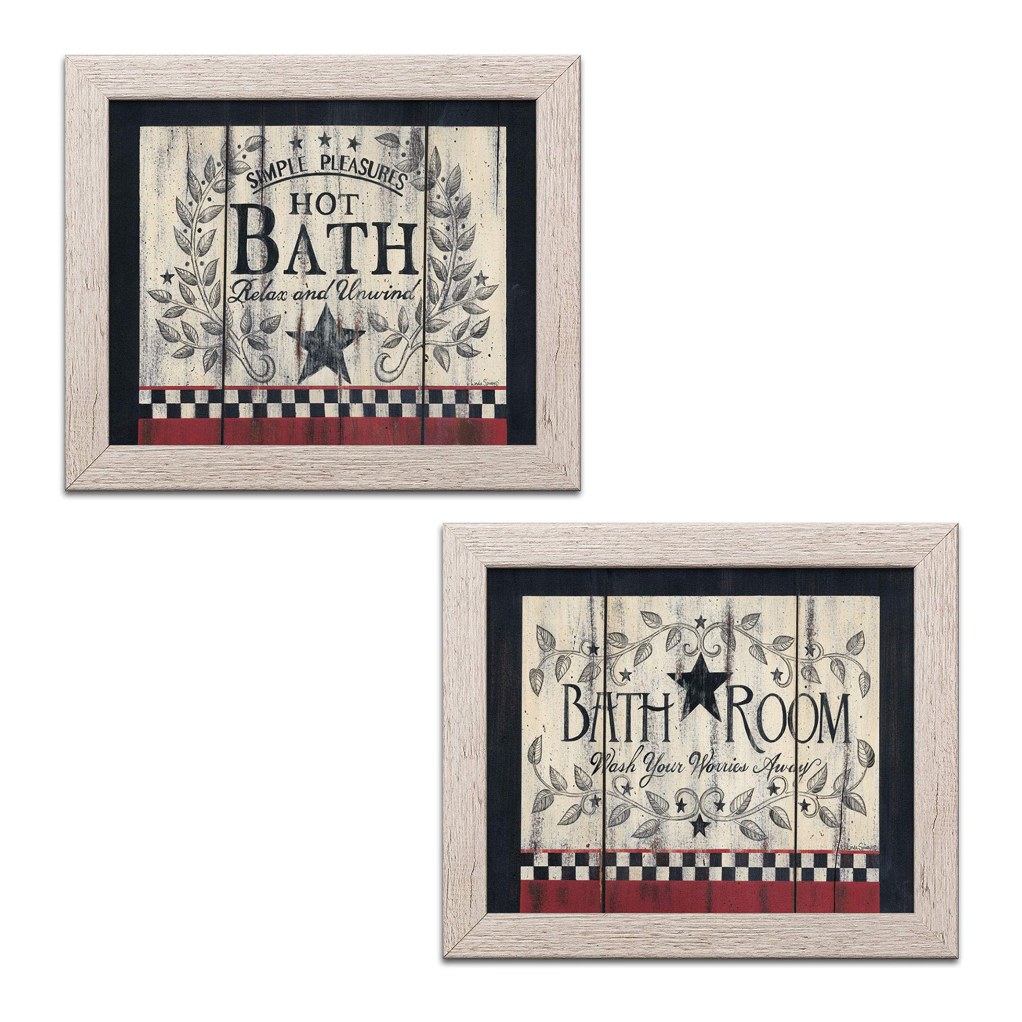 Gango Home Decor Contemporary Bathroom & Hot Bath Wall Art - Set of Two 16x12 Inch Distressed Framed Prints by Linda Spivey (Ready to Hang) - Perfect for Spa, Bathroom Decor and Relaxation Spaces