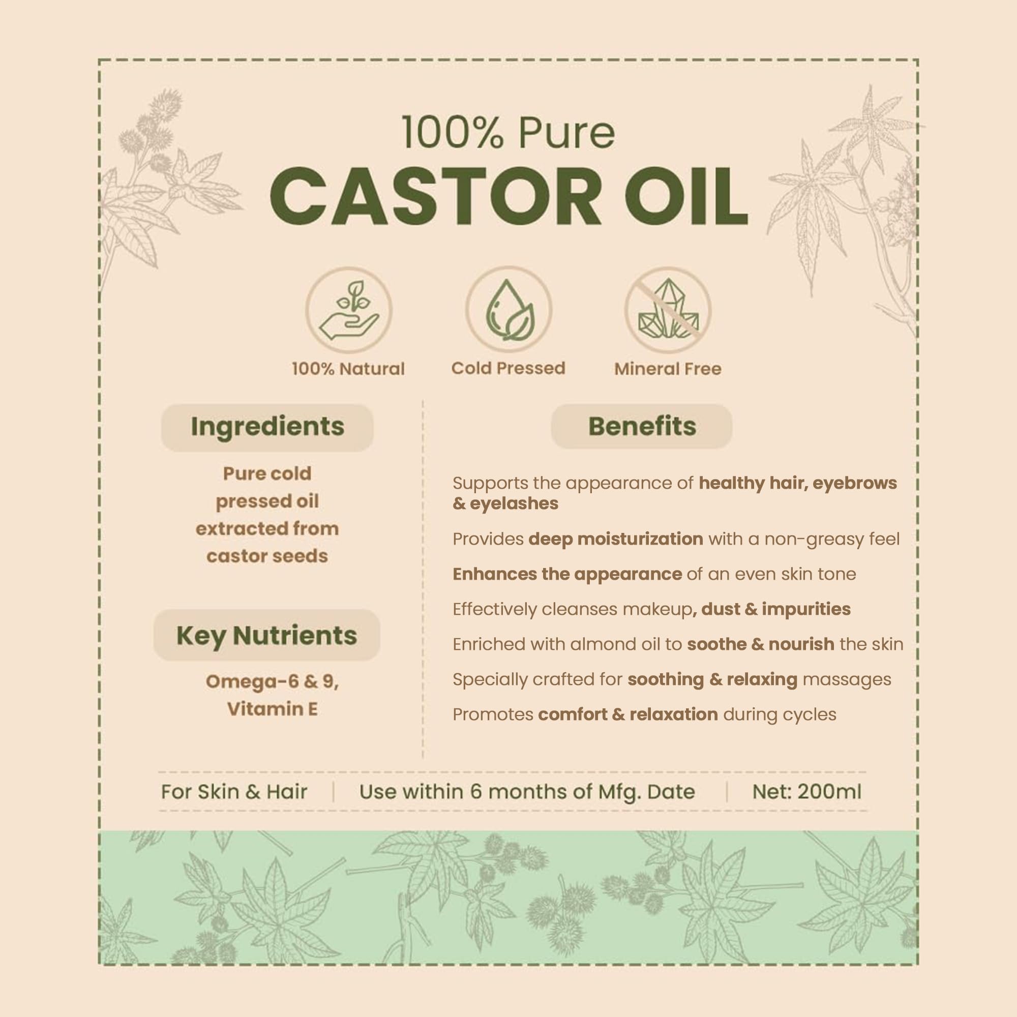 Nat Habit Cold Pressed 100% Pure Castor (Arandi) Oil for Skin & Hair Care - Vitamin E Enriched with Omega-6 & 9, Mineral Free - 200ml - Promotes Hair Growth & Moisturizes Skin - Perfect for Daily Beauty Routine & Natural Remedies