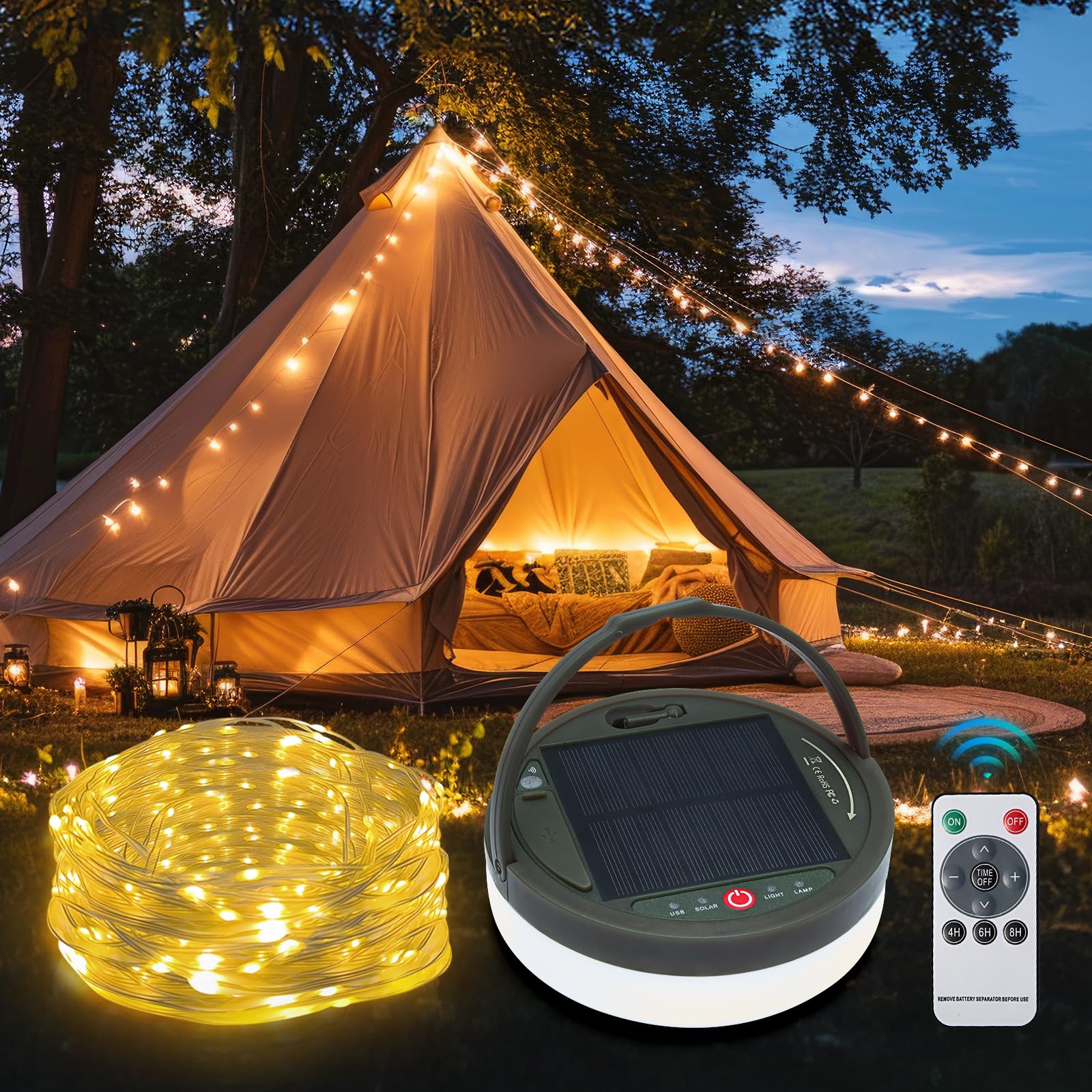 GHORA 2-in-1 Solar Powered LED String Lights - 39.4ft Waterproof Outdoor Hanging Lights with Remote Control for Camping, Tent, Yard, Garden & Patio Decor