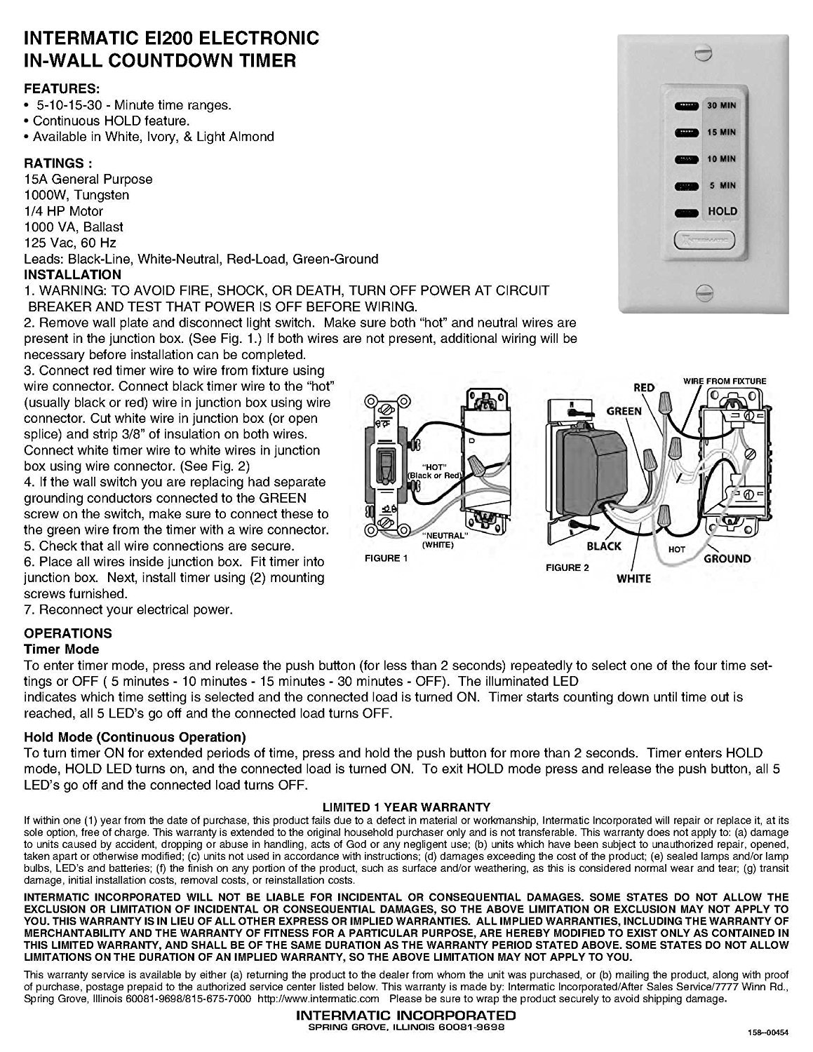 Intermatic EI200 5/10/15/30 Minute In-Wall Digital Countdown Timer Switch with Auto-Off Function, Ivory - Perfect for Bathroom Fans, Lights, and Home Automation Systems