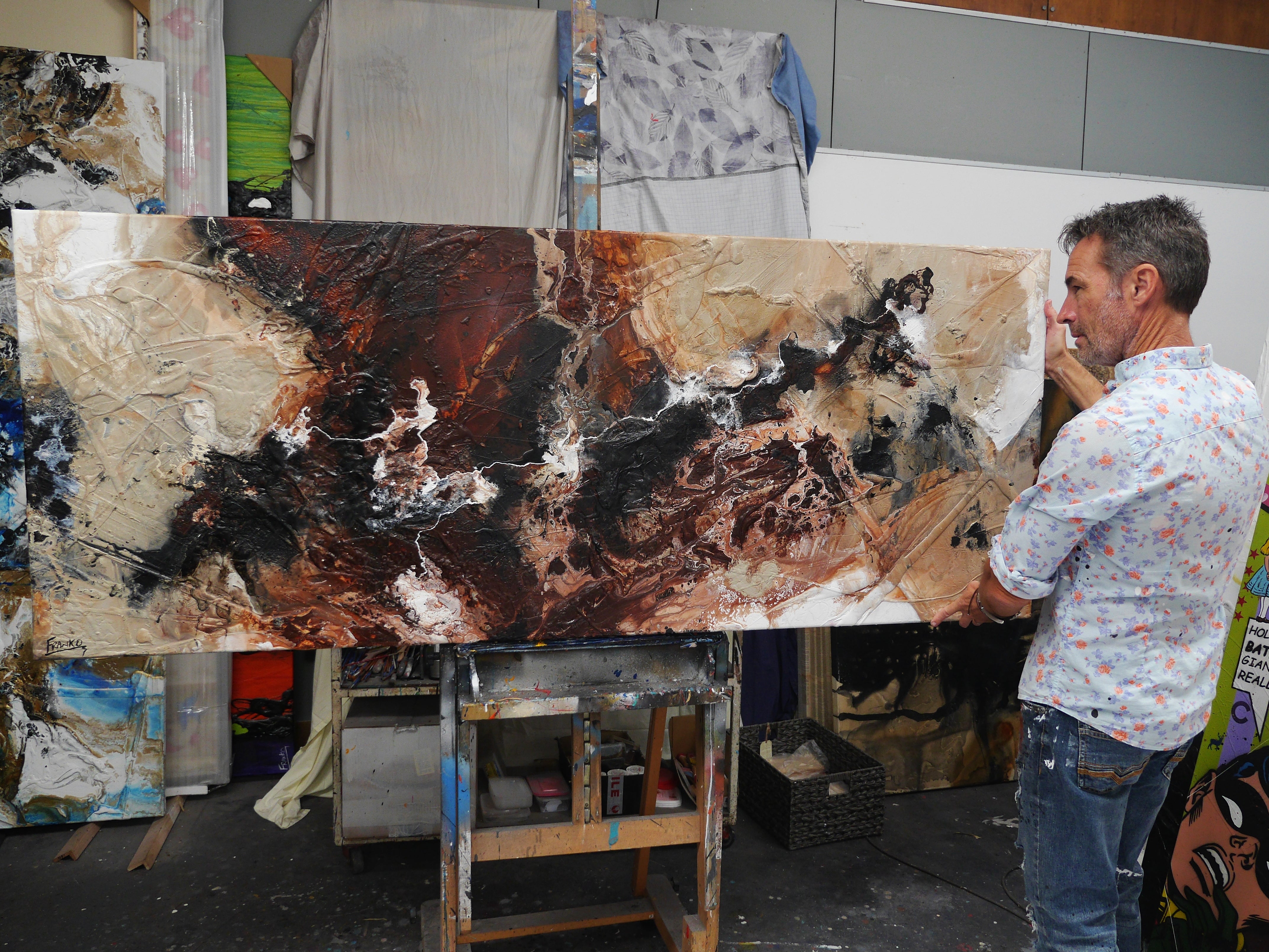 60x32 Inch Abstract Textured Painting in Umber, Brown, Grey, Bone, Black & White - Modern Wall Art for Living Room, Bedroom & Office Decor