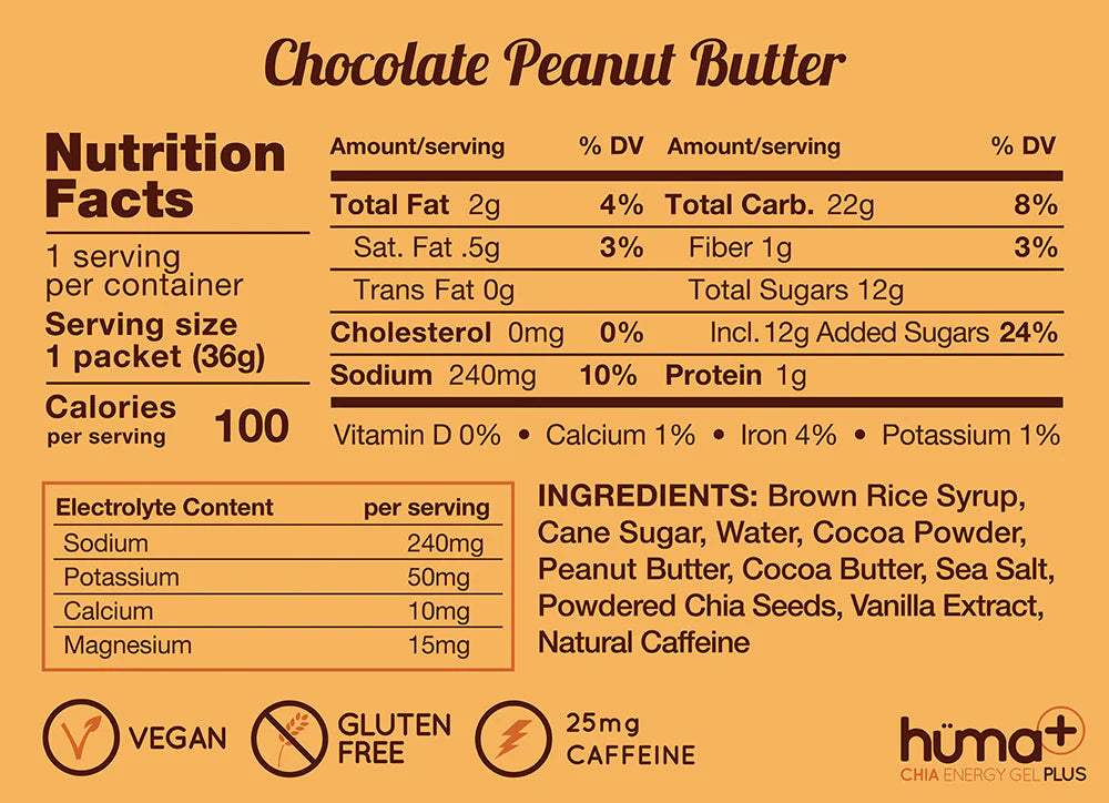 Huma Gel Plus Chocolate & Peanut Butter Energy Gel - Natural Endurance Fuel for Runners, Cyclists & Athletes - Perfect for Marathon Training, Hiking & Outdoor Adventures