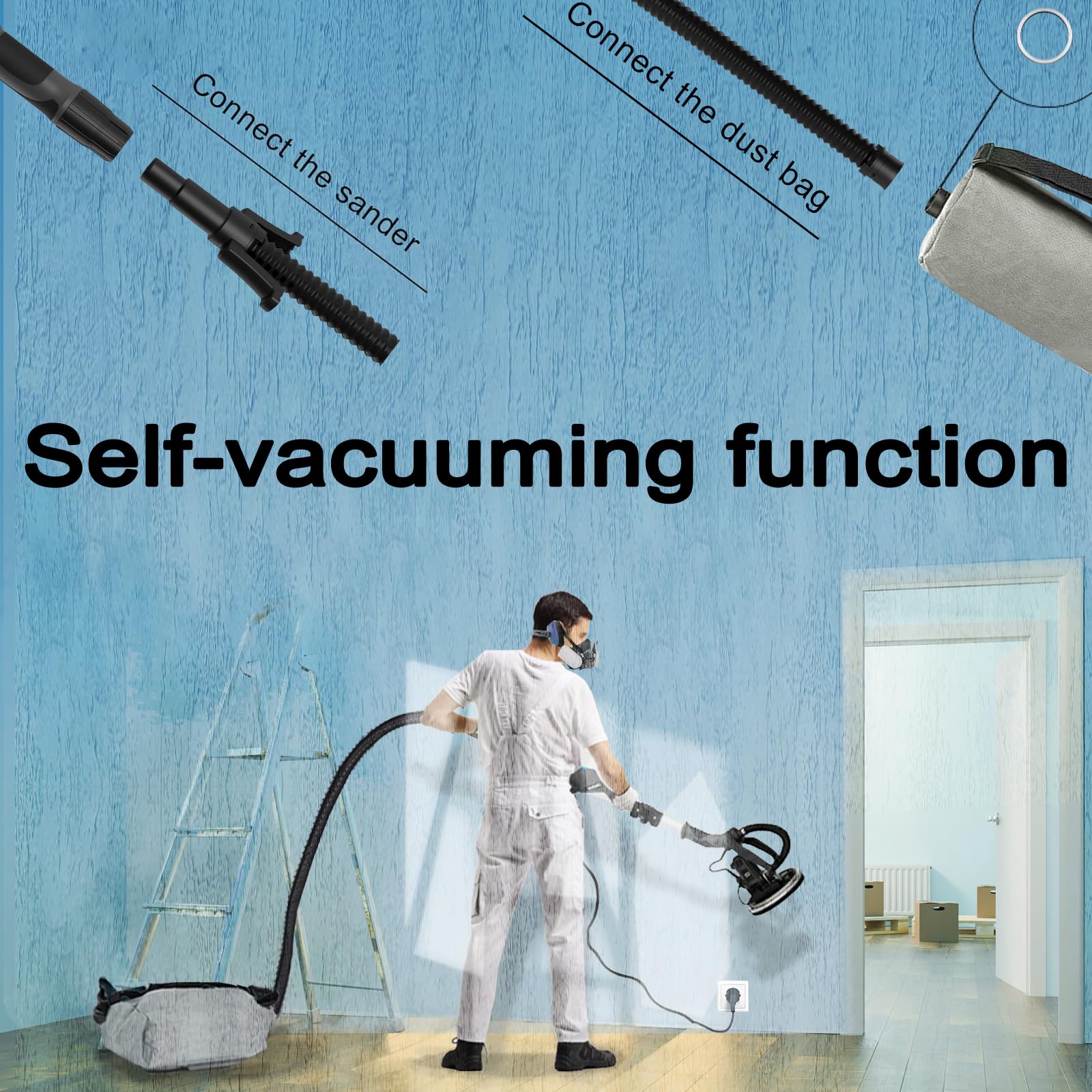 IMQUALI® 9.5A Electric Drywall Sander with Vacuum - Variable Speed 600-2600RPM, Extendable Handle, LED Light & 12 Sanding Discs - Perfect for Popcorn Ceiling Removal, Wall Smoothing & DIY Home Renovation Projects