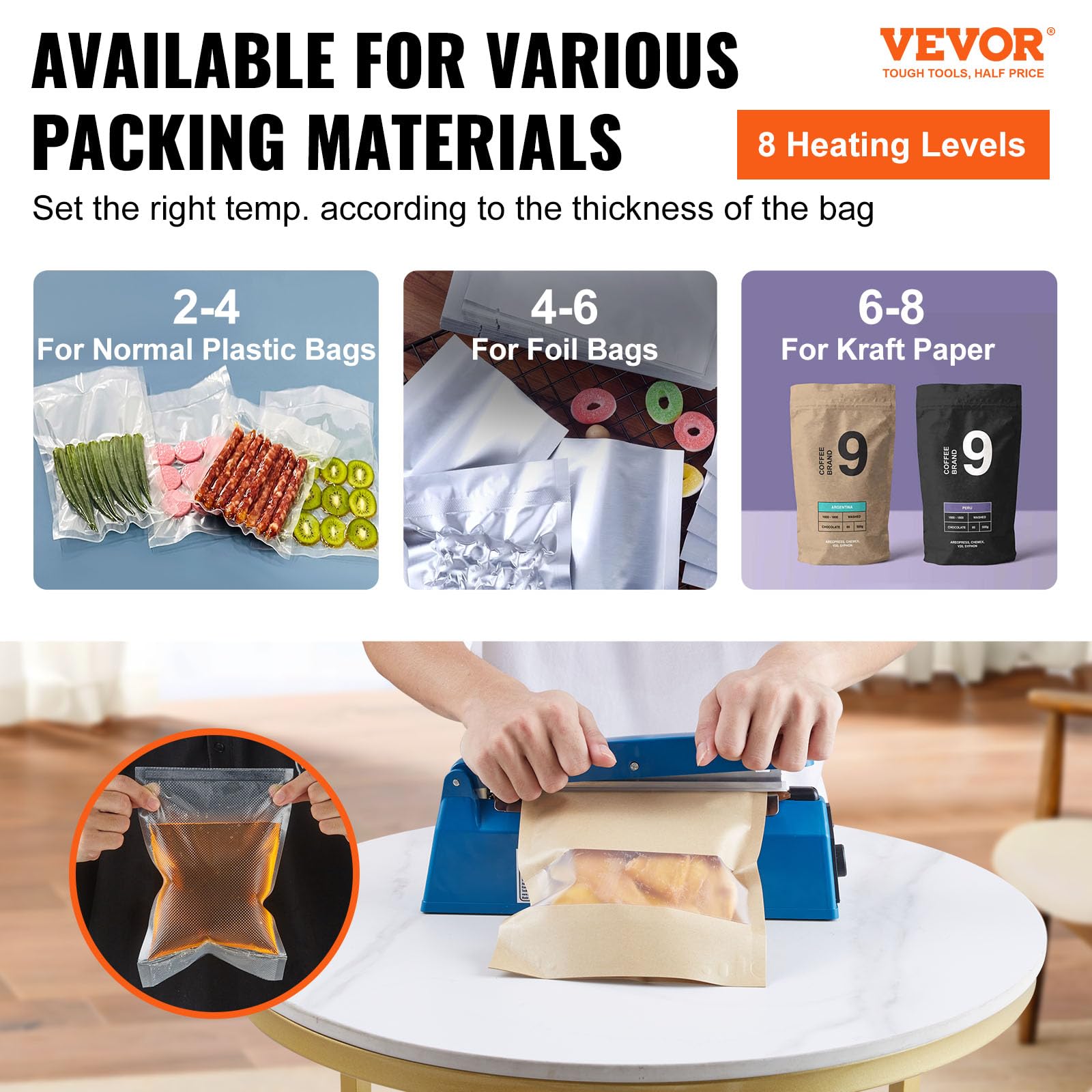 VEVOR 8 Inch Manual Impulse Sealer - Adjustable Heat Sealing Machine for Plastic, Mylar, PE & PP Bags | Portable Shrink Wrap Bag Sealer with Extra Replacement Kit | Ideal for Food Packaging, Retail & Warehouse Sealing Operations