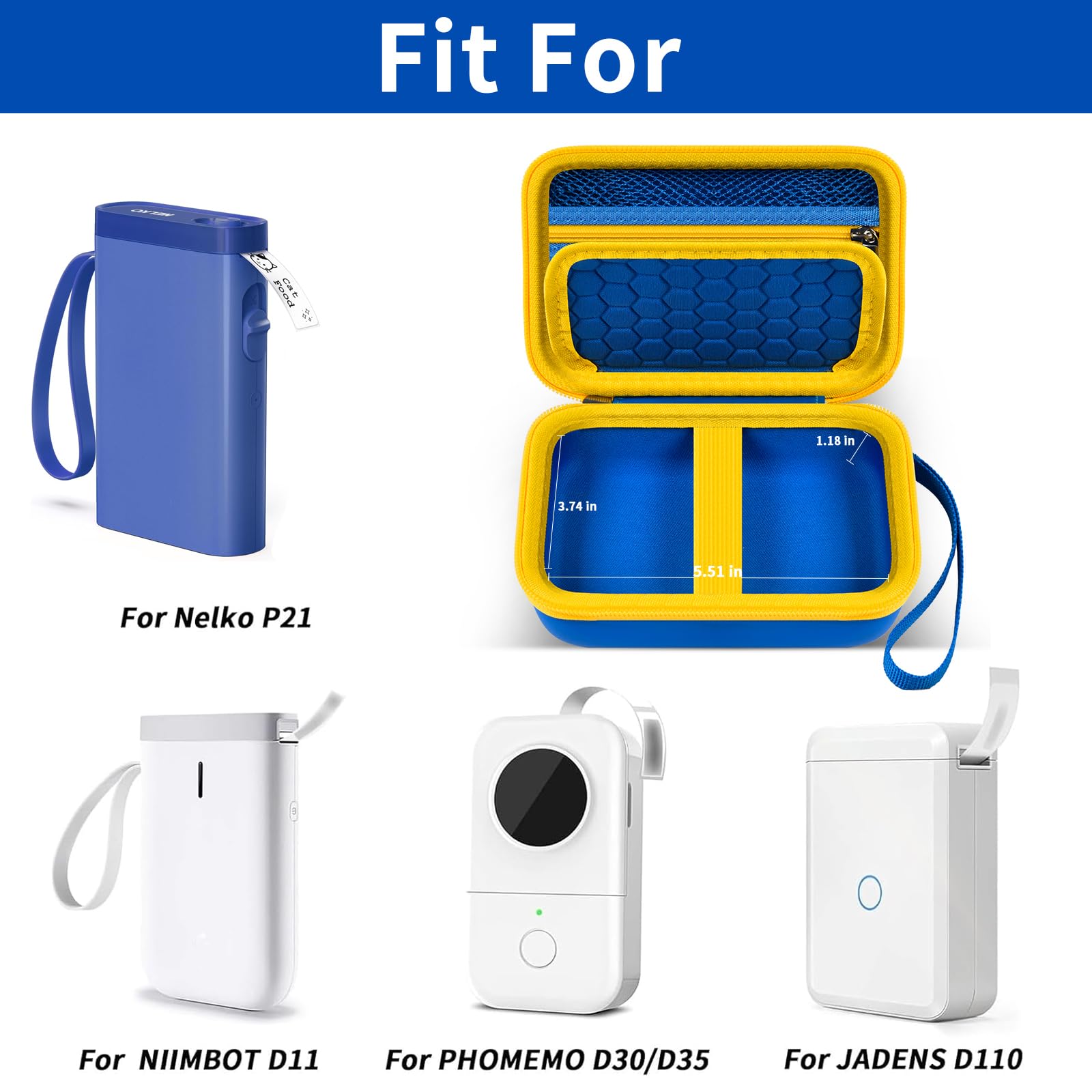 Comecase Storage Case Compatible with Nelko P21, Phomemo D30 D35, JADENS D11 & SUPVAN Mini Label Maker - Organizer for Label Maker Machine, Tapes & Accessories (Blue) - Perfect for Office, School & Craft Organization