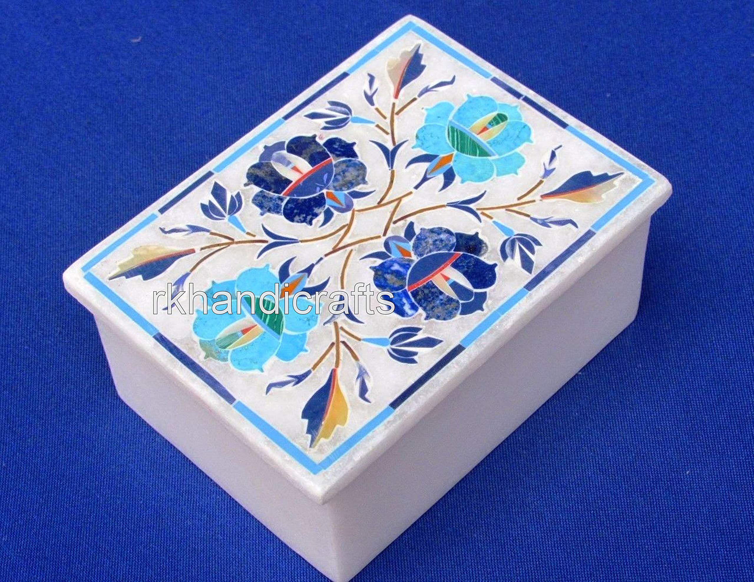Elegant White Marble Trinket Box with Lapis Lazuli & Turquoise Stone Inlay - Handcrafted Jewelry Storage Organizer for Rings, Necklaces & Keepsakes | Perfect Birthday, Anniversary & Housewarming Gift Idea for Women