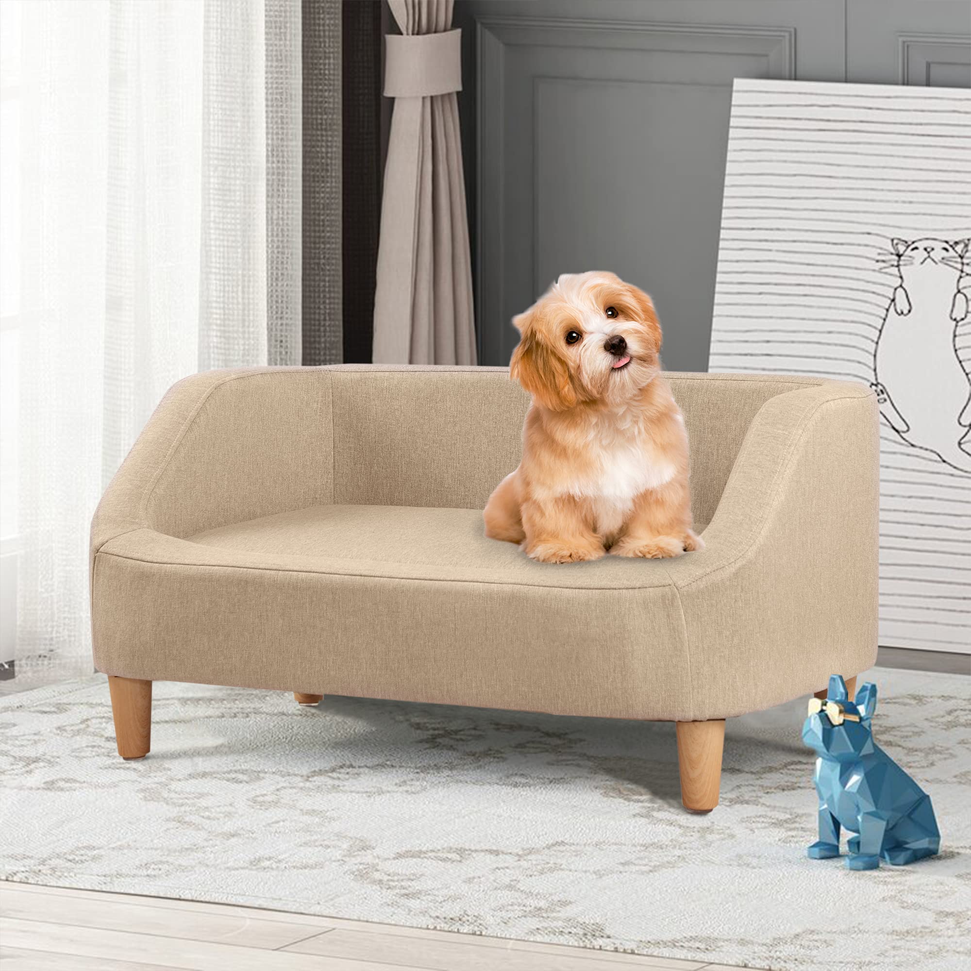 Premium VOGU Pet Sofa with Removable Cushion - Wooden Frame Rectangle Dog & Cat Bed - Washable Linen Cover - Small/Medium/Large Sizes (Beige) - Perfect for Living Room, Bedroom & Pet-Friendly Spaces