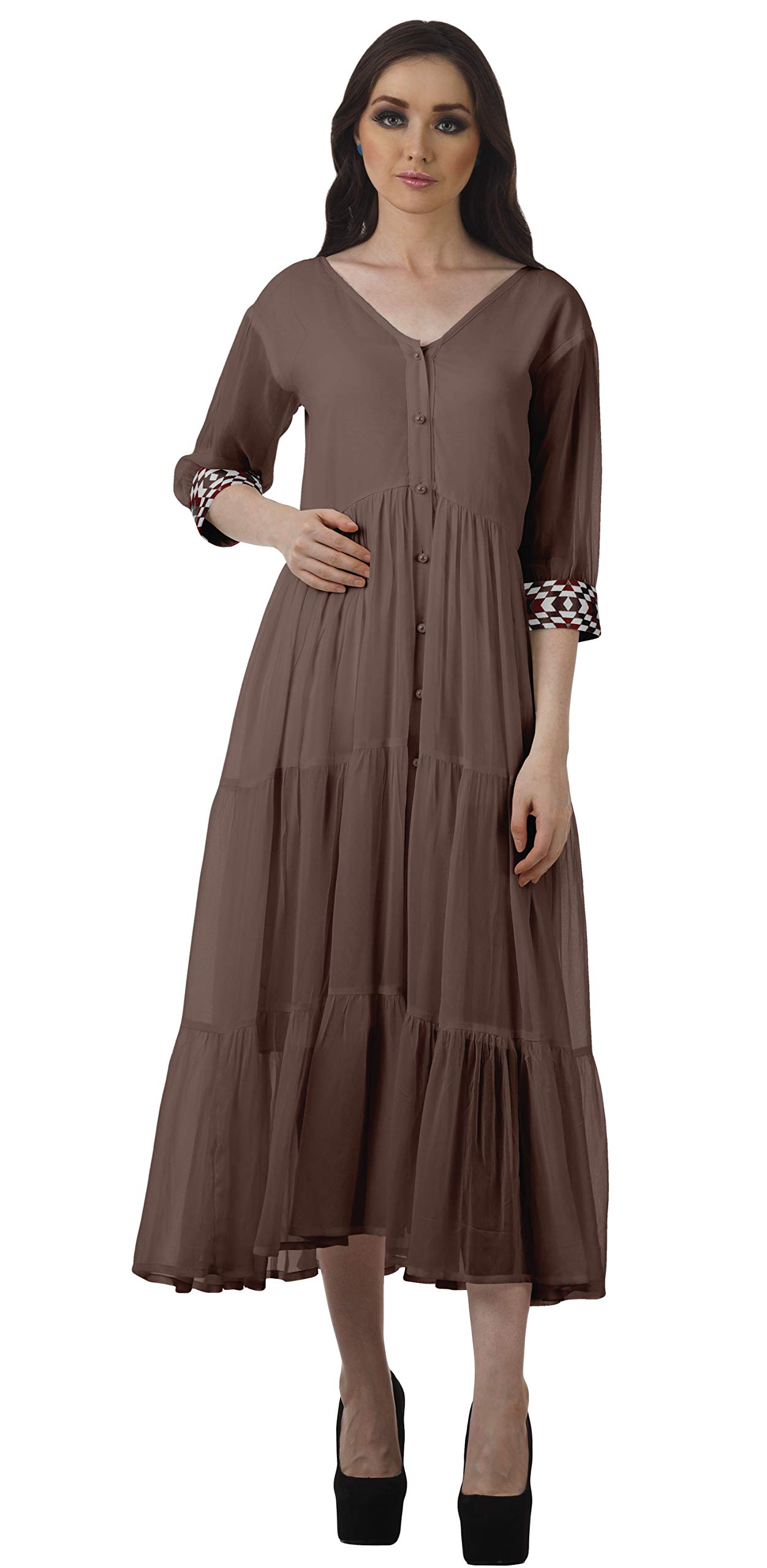 Elegant Moomaya V-Neck Button Down Tiered Maxi Dress for Women | Flowy Party & Evening Gown | Perfect for Weddings, Cocktail Parties & Summer Vacations