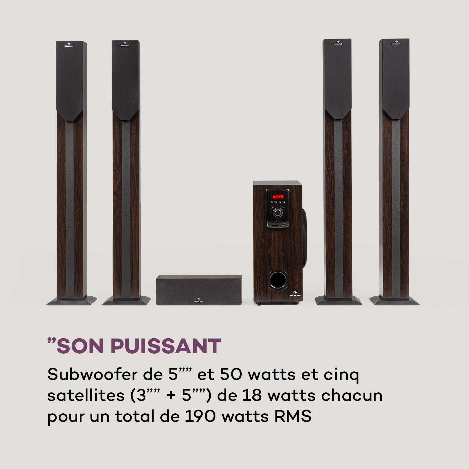 AUNA Areal Elegance 5.1 Wireless Home Theater Speaker System - 190W RMS Power, 5 Satellite Speakers (3+5