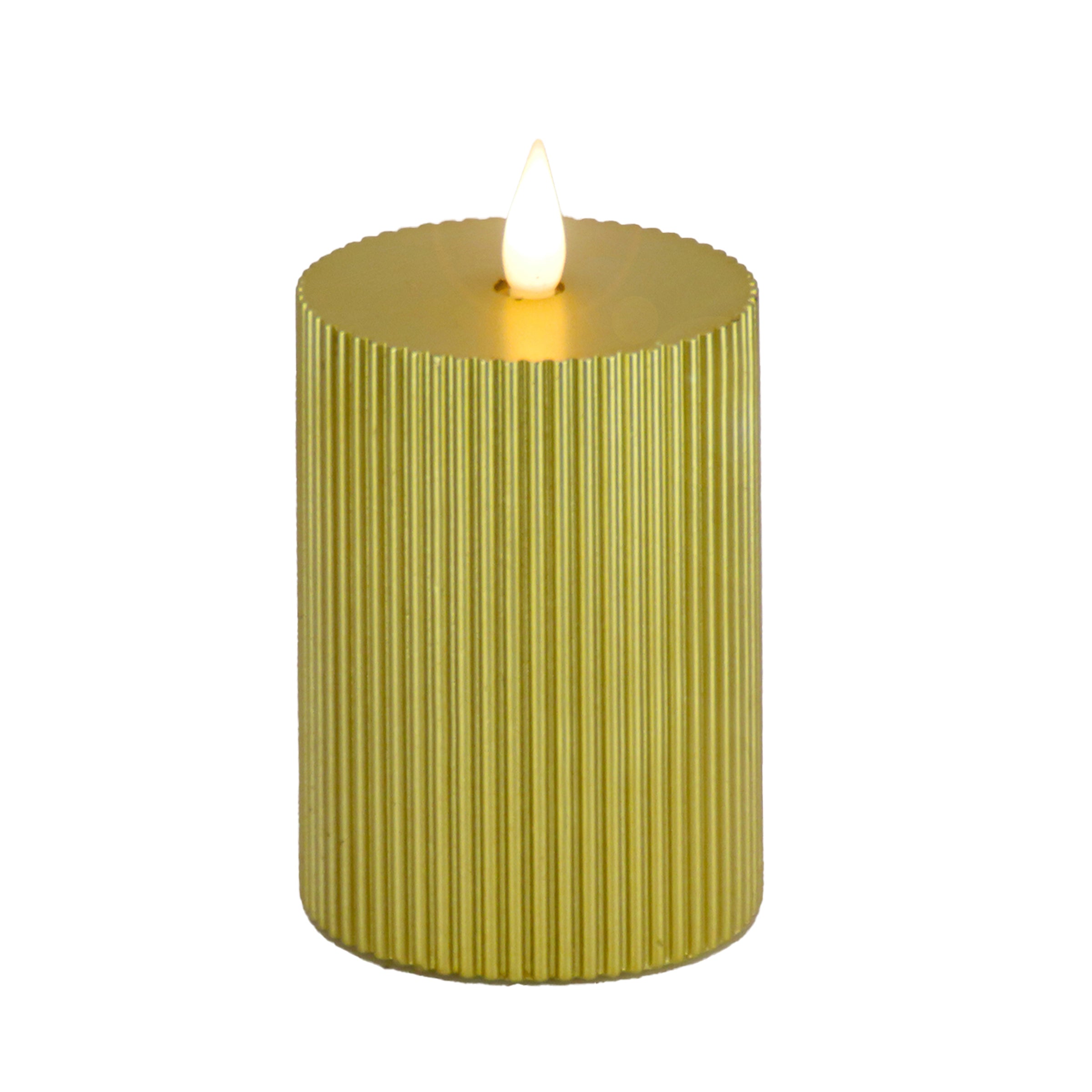 4 in. by 8 in. HGTV Home Collection Flameless Georgetown Pillar Candle in Gold - Perfect for Home Decor, Wedding Centerpieces, and Cozy Ambiance