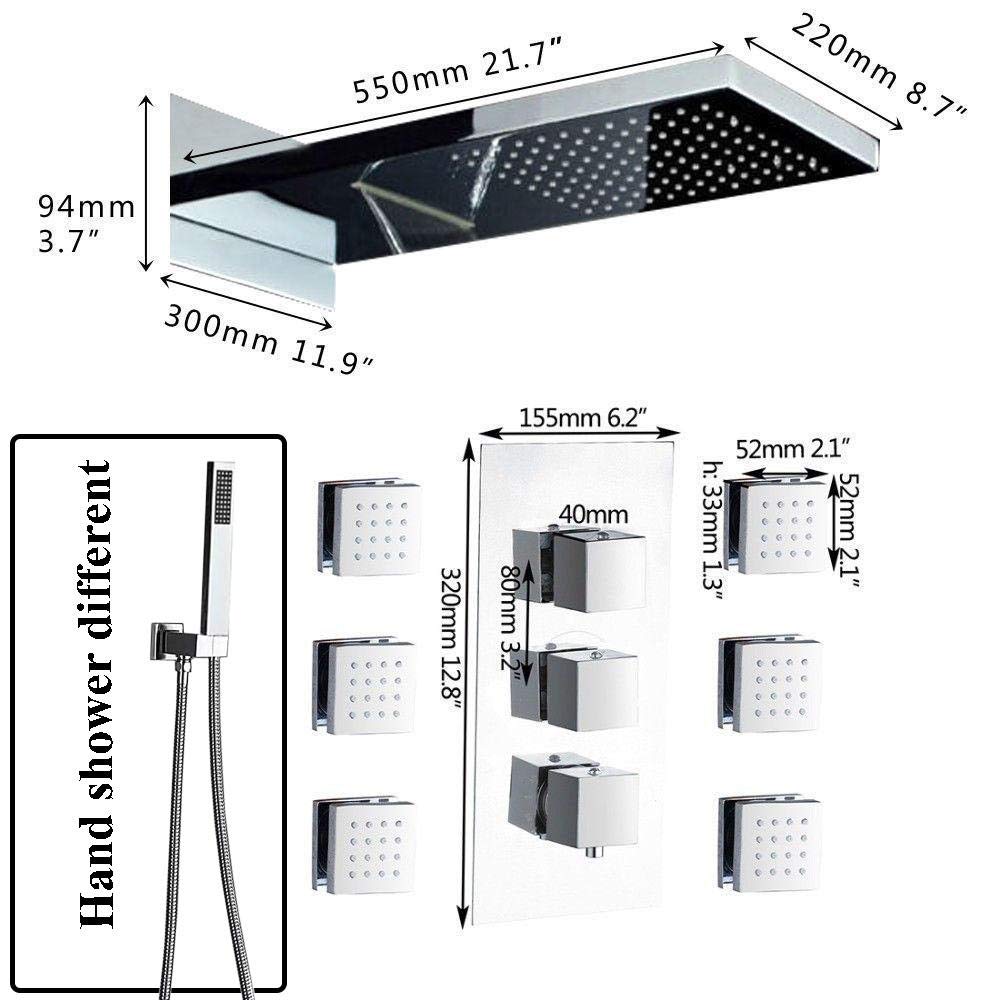 Thermostatic Chrome Rain Shower Faucet Set - Wall Mounted Waterfall Showerhead & Bathtub Mixer Tap for Modern Bathroom (Perfect for Spa-Like Showers & Relaxing Baths)