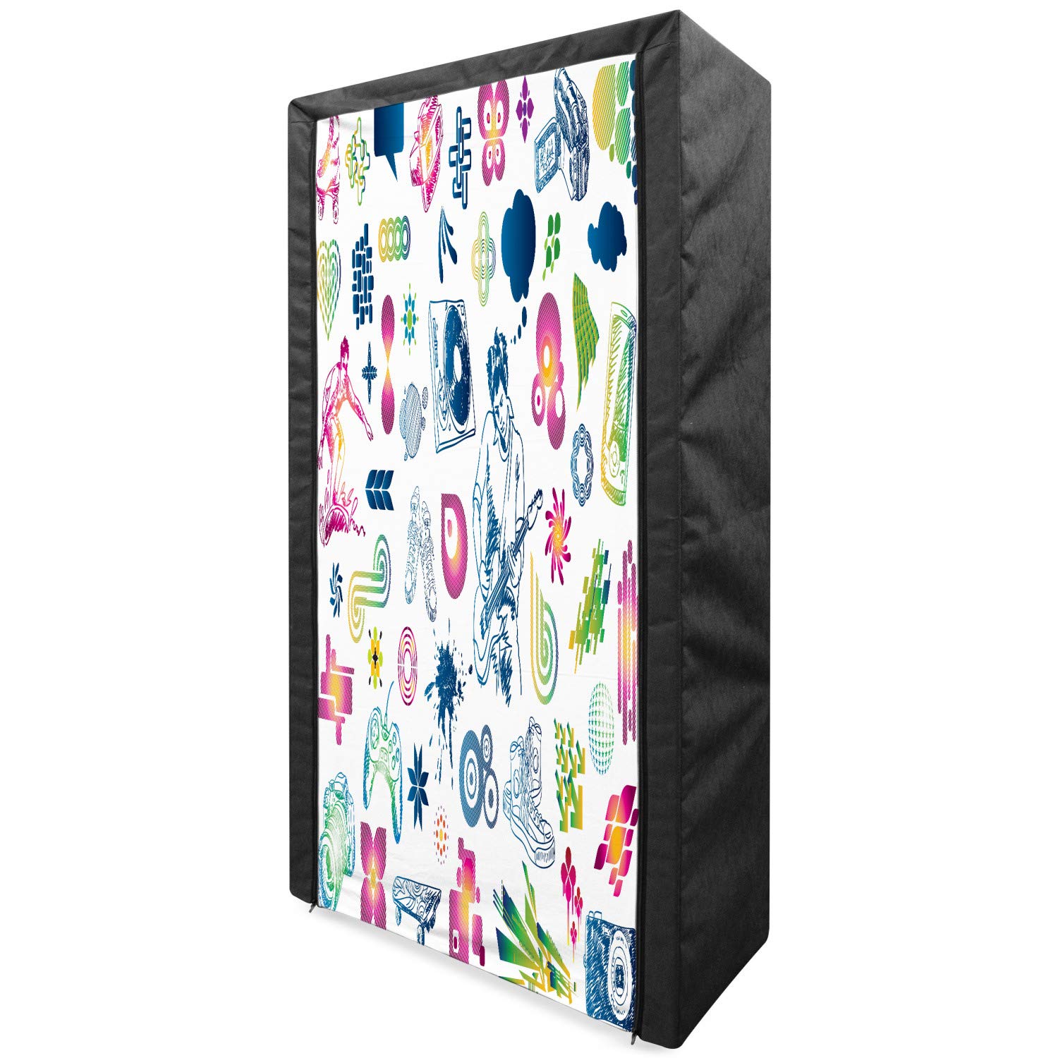 Ambesonne Music Themed Portable Fabric Wardrobe - Modern Guitarist with Butterflies Design, Multicolor Clothing Organizer & Storage Closet with Shelves (33.5 Inches) - Perfect for Teen Bedrooms, Dorm Rooms & Music Lovers' Spaces
