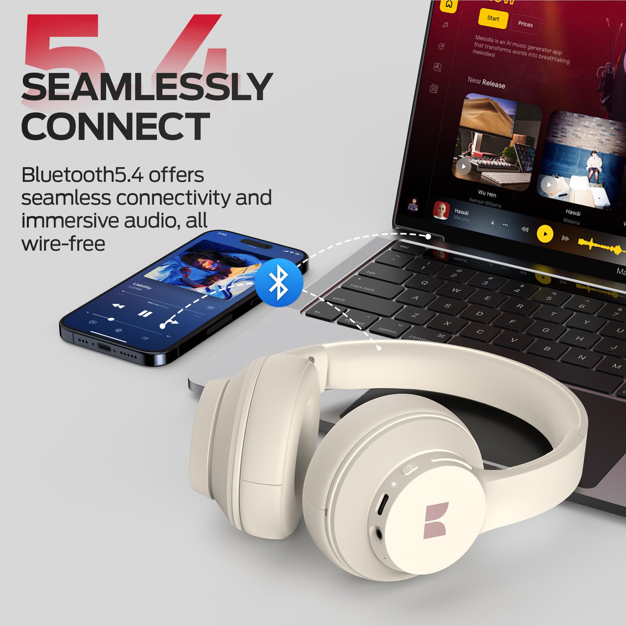 Monster Mission 100 Bluetooth Headphones - Wireless On-Ear Headphones with Immersive Bass, Crystal Clear Calls, 40H Playtime & Bluetooth 5.4 - Comfortable Lightweight Design for Travel, Work, Gym & Home Use (White)