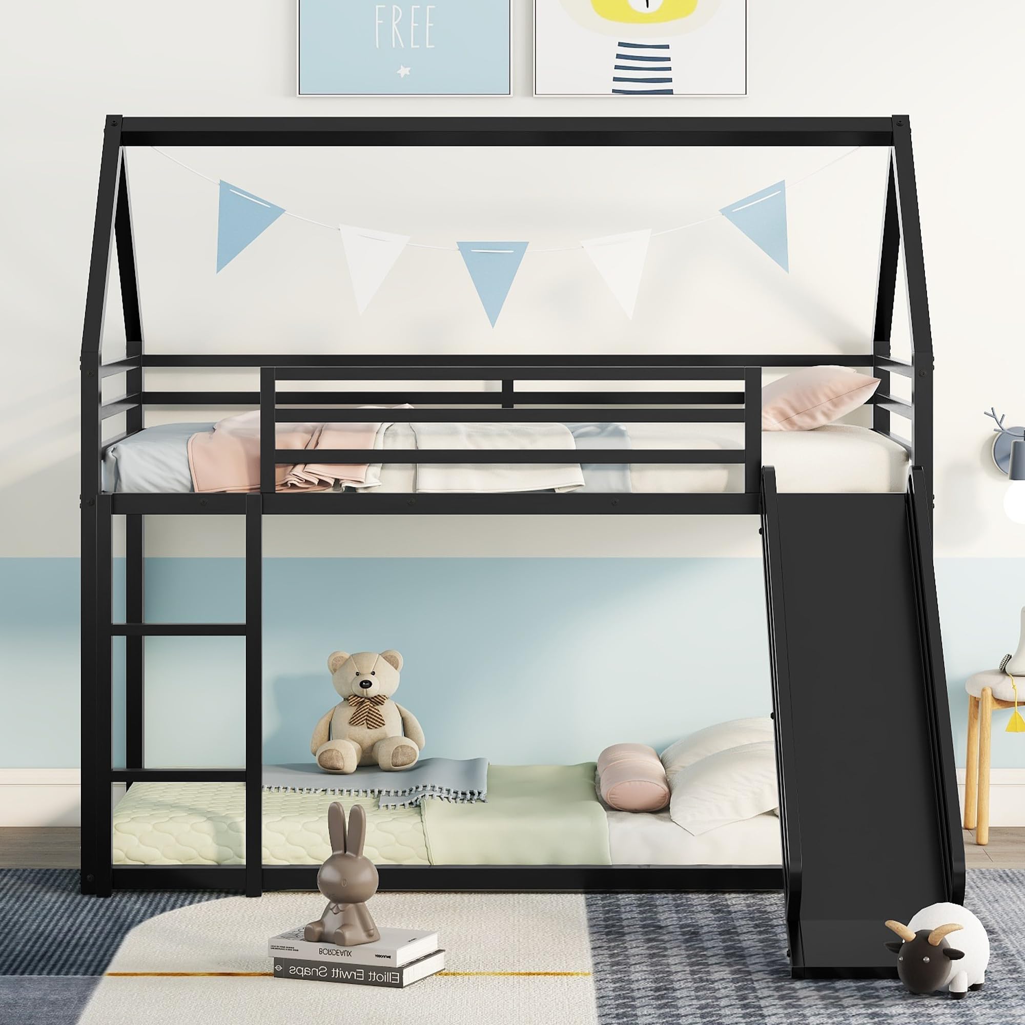 **Metal Bunk Beds with Slide for Kids - Twin Over Twin House Bunk Bed with Roof & Built-in Ladder - Space-Saving Loft Bed for Boys, Girls & Toddlers - Perfect for Small Bedrooms, Playrooms & Sleepovers (Black)**