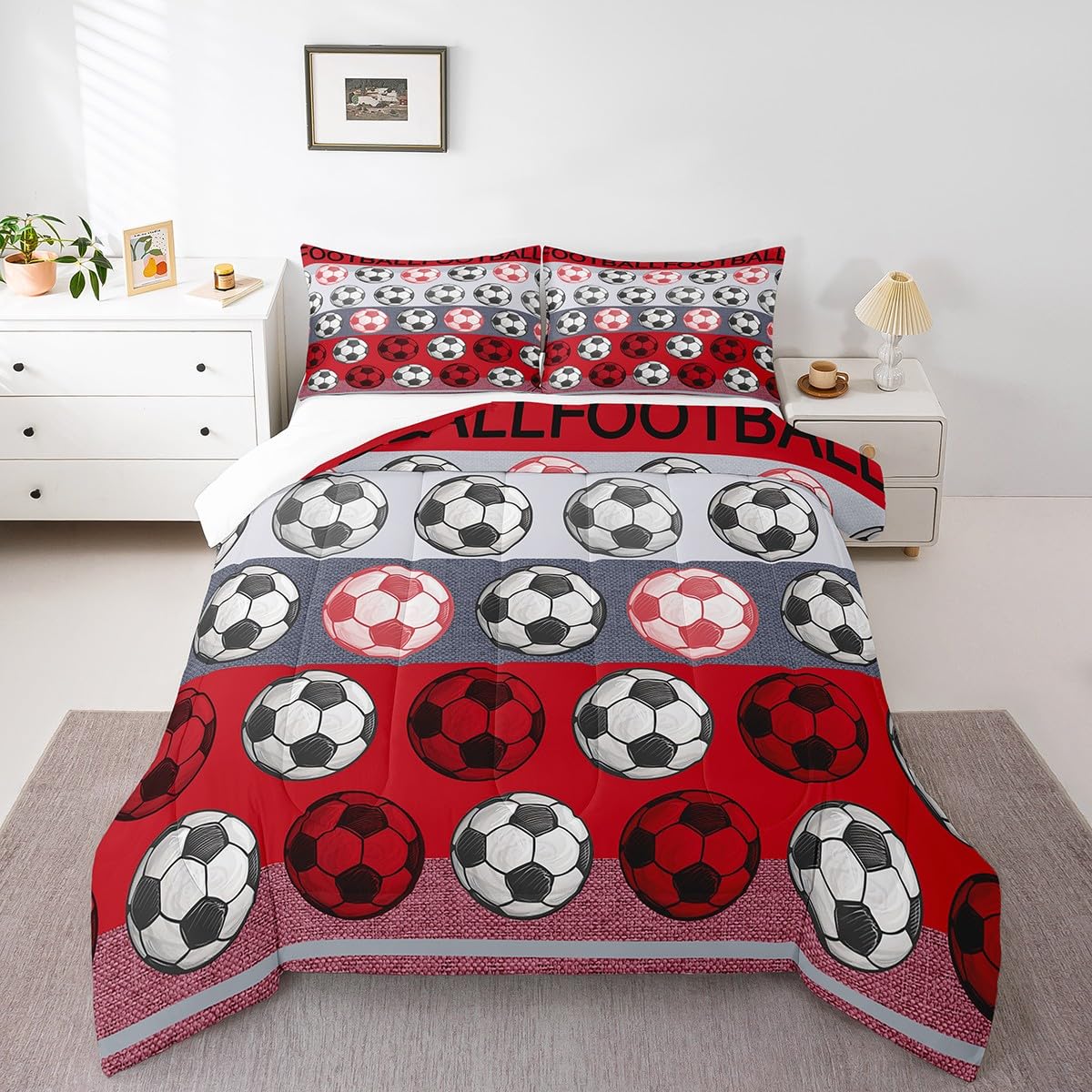 3D Football Comforter Set - Twin Size Reversible Soccer Design Quilted Duvet with Pillowcase, Red & Gray Stripes Sports Bedding for Teens & Kids | Perfect for Game Rooms, Dorm Decor & Sports Themed Bedrooms