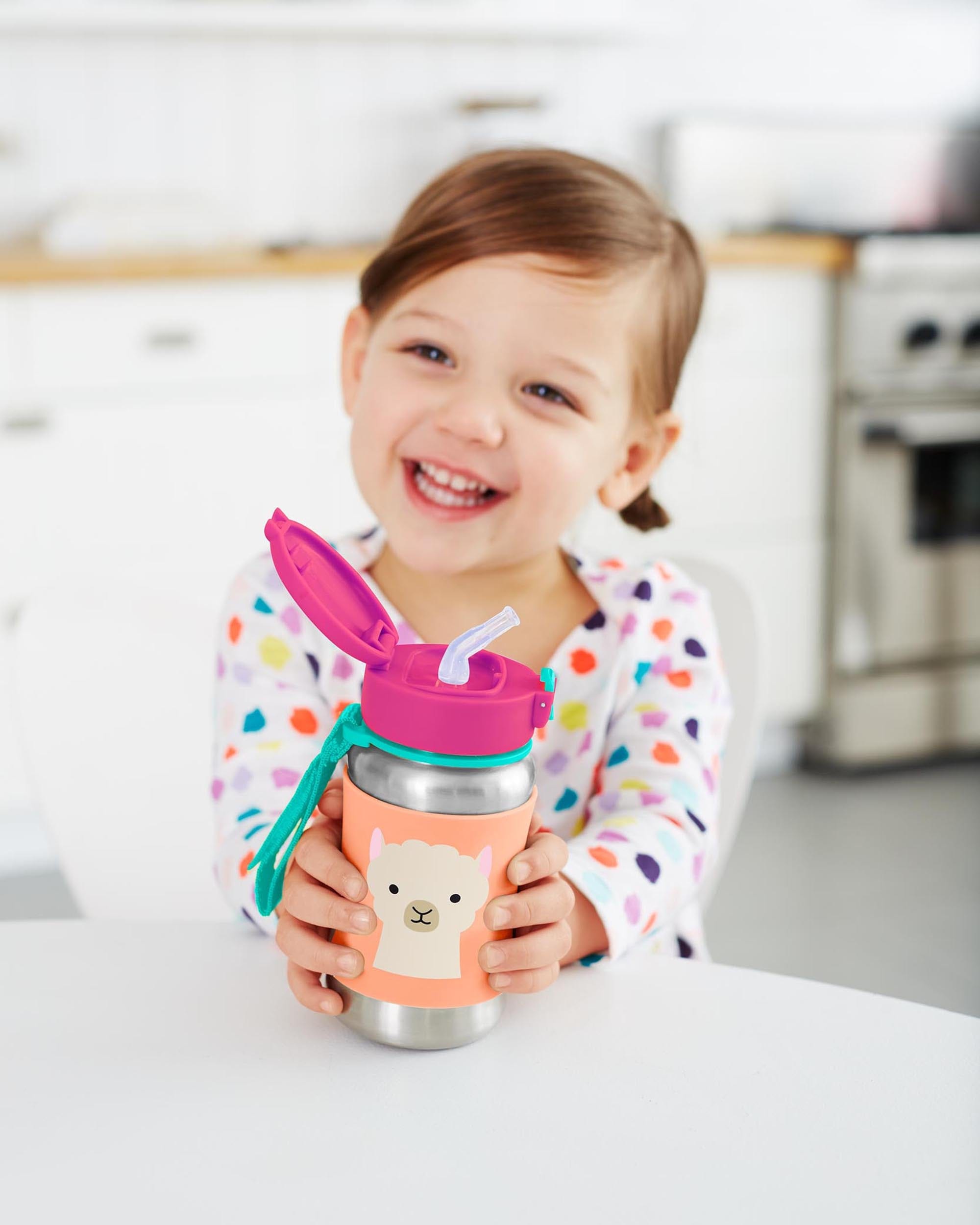 Skip Hop Zoo Stainless Steel Straw Bottle - Insulated Kids Water Bottle with Leak-Proof Lid, BPA-Free & Eco-Friendly - Perfect for School, Travel & Outdoor Activities