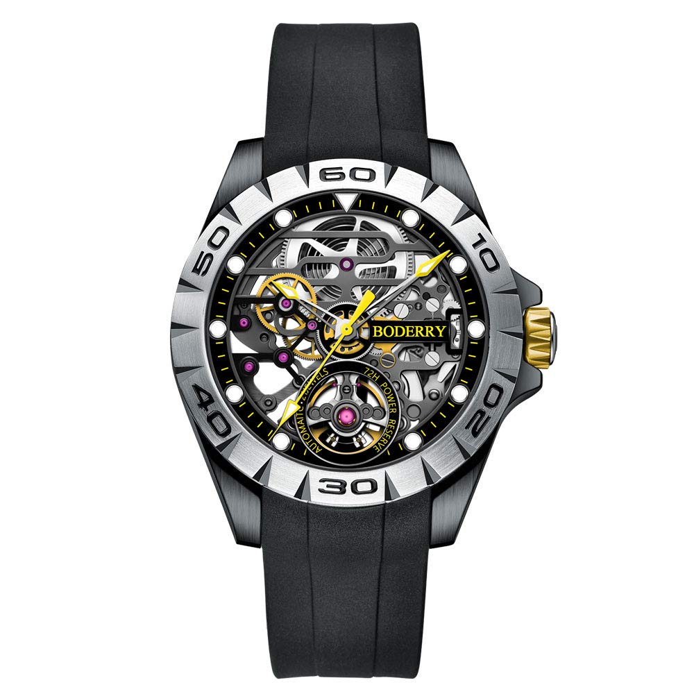 BODERRY Men's Stainless Steel Skeleton Automatic Watch - 72H Power Reserve, Self-Winding Mechanical Movement, Luminous Hands, Leather/Rubber Strap - Perfect for Business, Casual & Outdoor Activities