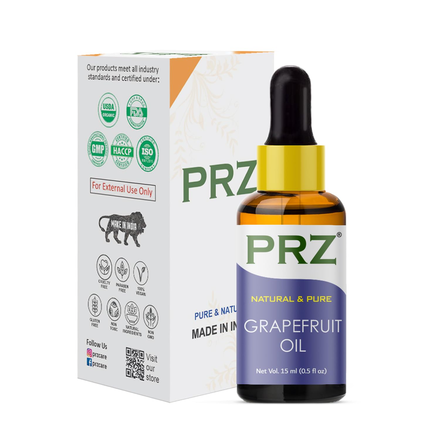 PRZ 100% Pure Grapefruit Essential Oil - Natural Therapeutic Grade for Aromatherapy, Skin Care, Hair Growth & Stress Relief, 15ml - Perfect for Diffusers, Massage & DIY Beauty Products