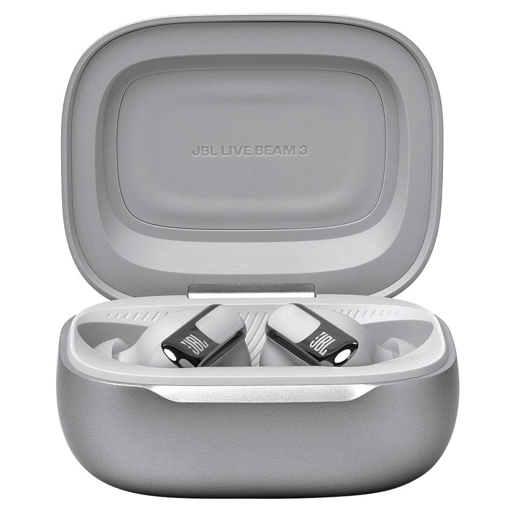 JBL Live Beam 3 True Wireless Bluetooth Earbuds - 48H Battery, Adaptive Noise Cancelling, Hi-Res Audio, IP55 Waterproof, Silver | Perfect for Workouts, Commuting & Travel