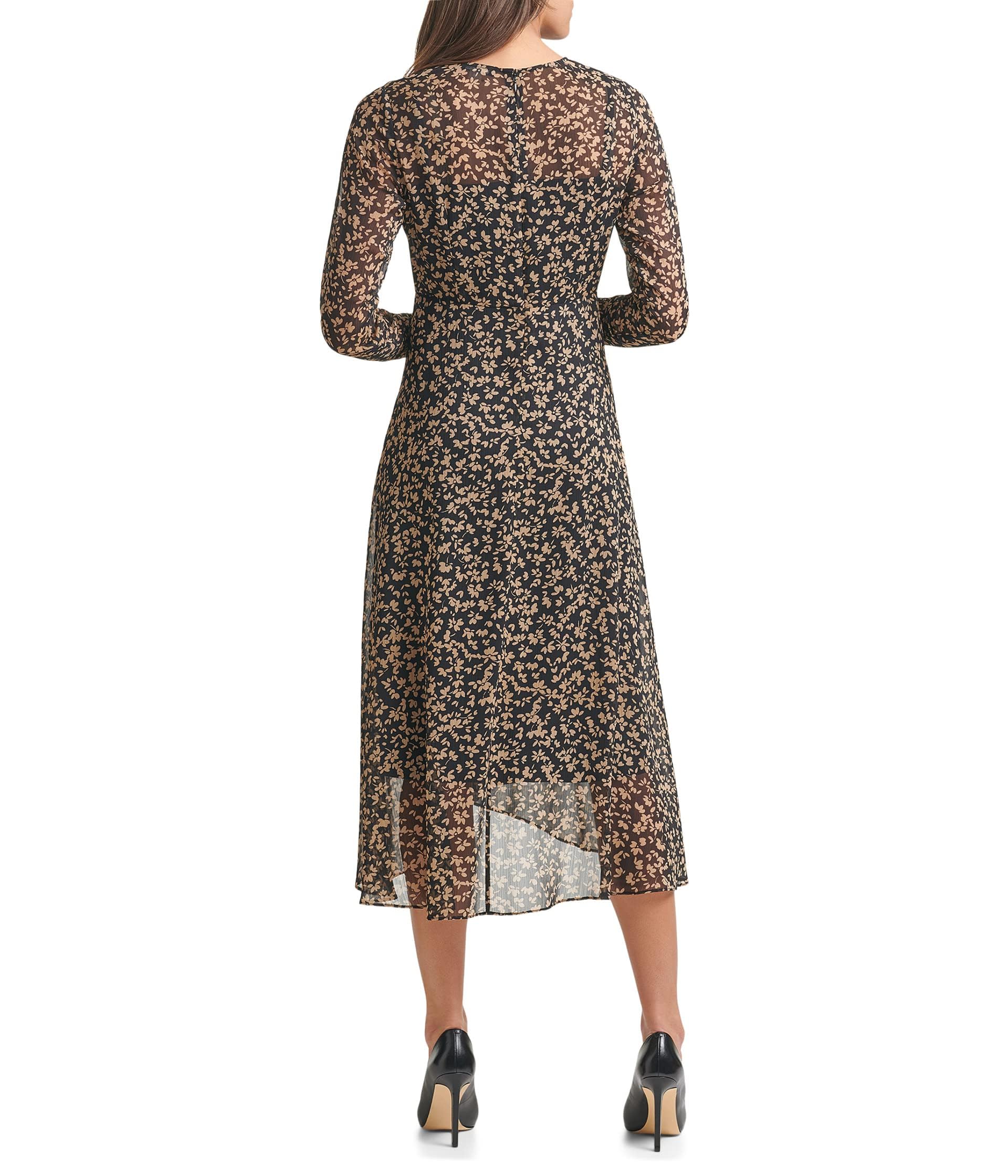 Tommy Hilfiger Women's Elegant Chiffon Long Sleeve Midi Dress - Black/Tannin, Size 14 | Perfect for Office Wear, Cocktail Parties & Special Occasions