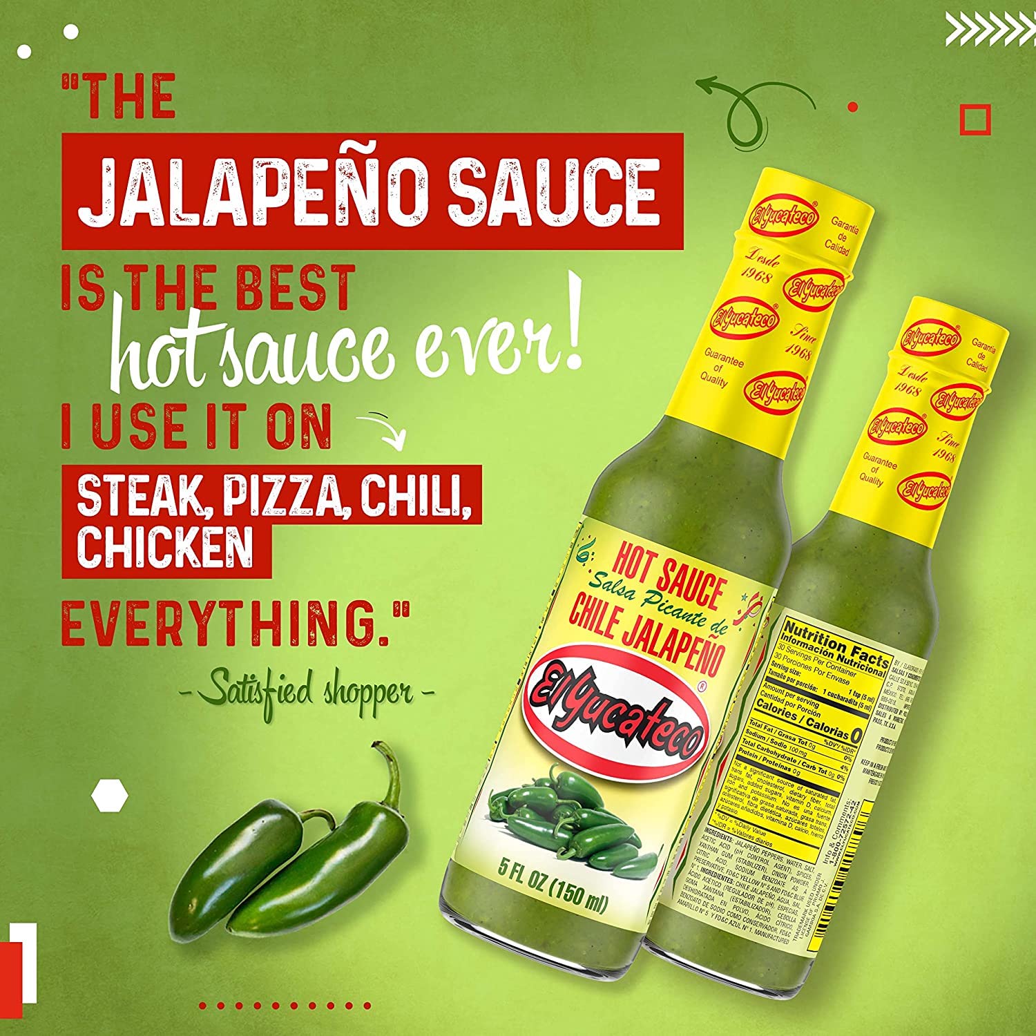 El Yucateco Hot Sauce - Chile Jalapeno Flavor, 5 Oz (Pack of 3) | Authentic Mexican Hot Sauce for Tacos, Burritos, Wings & More | Spicy Condiment for Cooking & Grilling