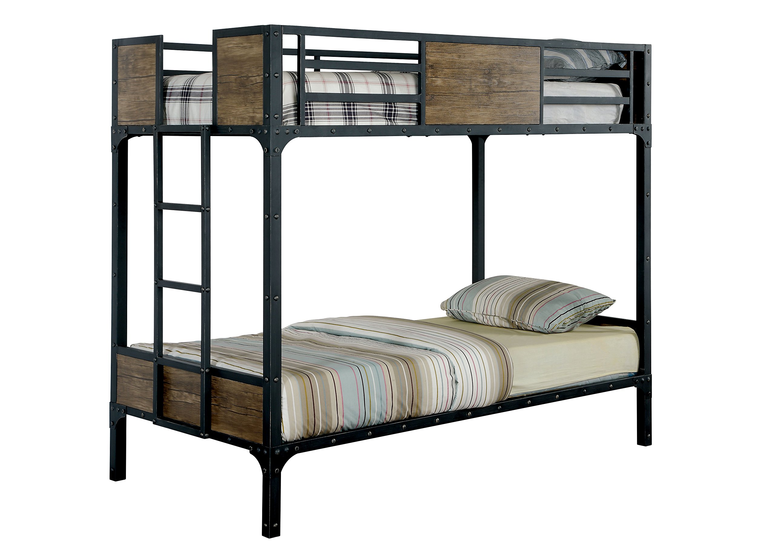 Furniture of America Megyver Twin Over Twin Industrial Metal Bunk Bed with Ladder - Black | Space-Saving Loft Bed for Kids, Teens & Guest Rooms | Durable Steel Frame for Home, Dorm & Apartment