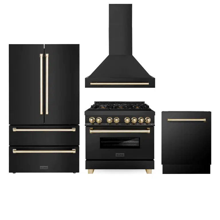 ZLINE Autograph Edition 36-inch Black Stainless Steel Kitchen Package - Dual Fuel Range, Range Hood, Dishwasher & Gold Accent Refrigerator | Luxury Kitchen Appliances for Modern Homes & Professional Chefs