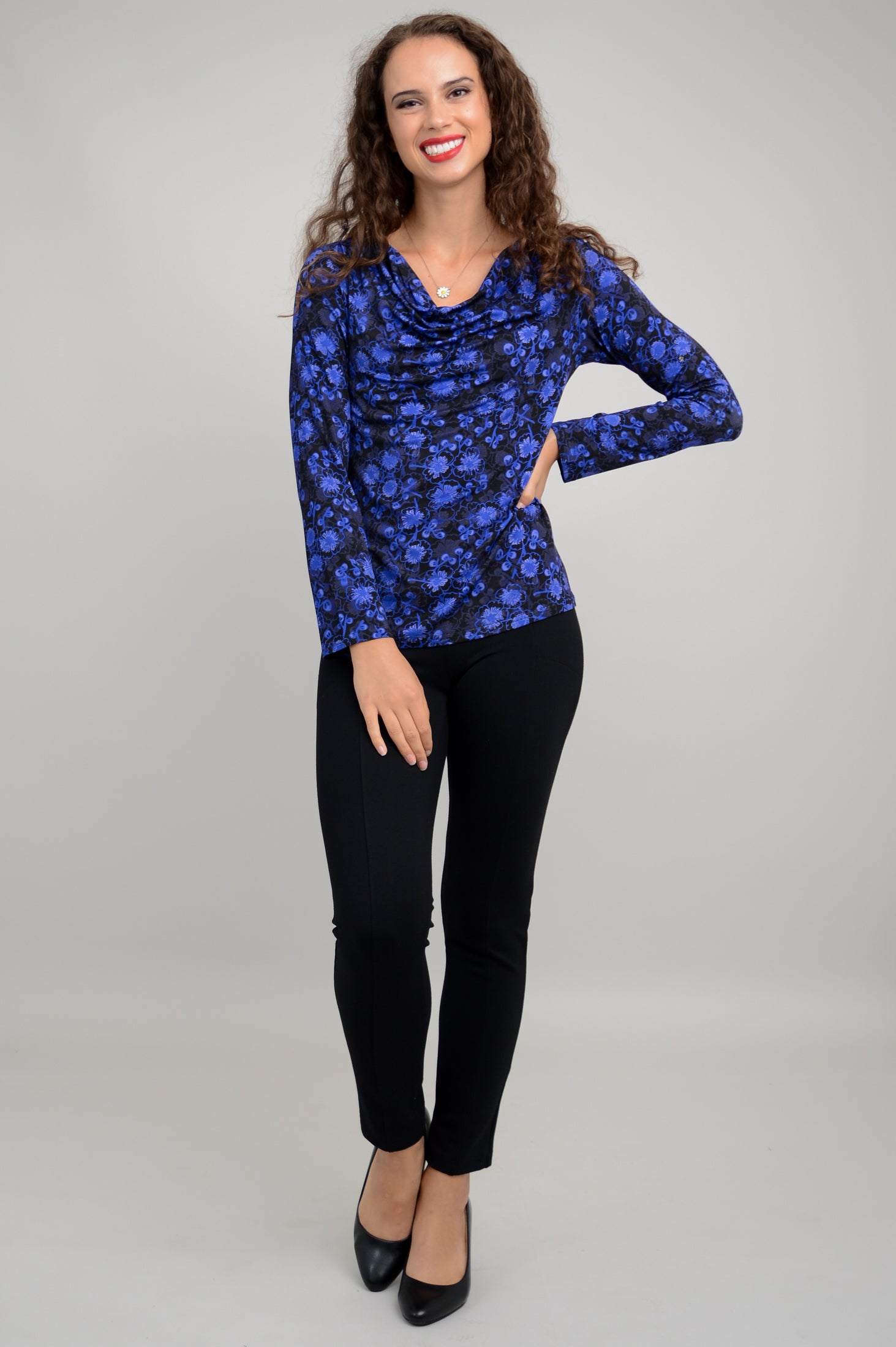 Charisse Women's Long Sleeve Blouse - Snow Flower Print Bamboo Fabric Soft Comfortable Tops for Work, Date Night & Casual Outings