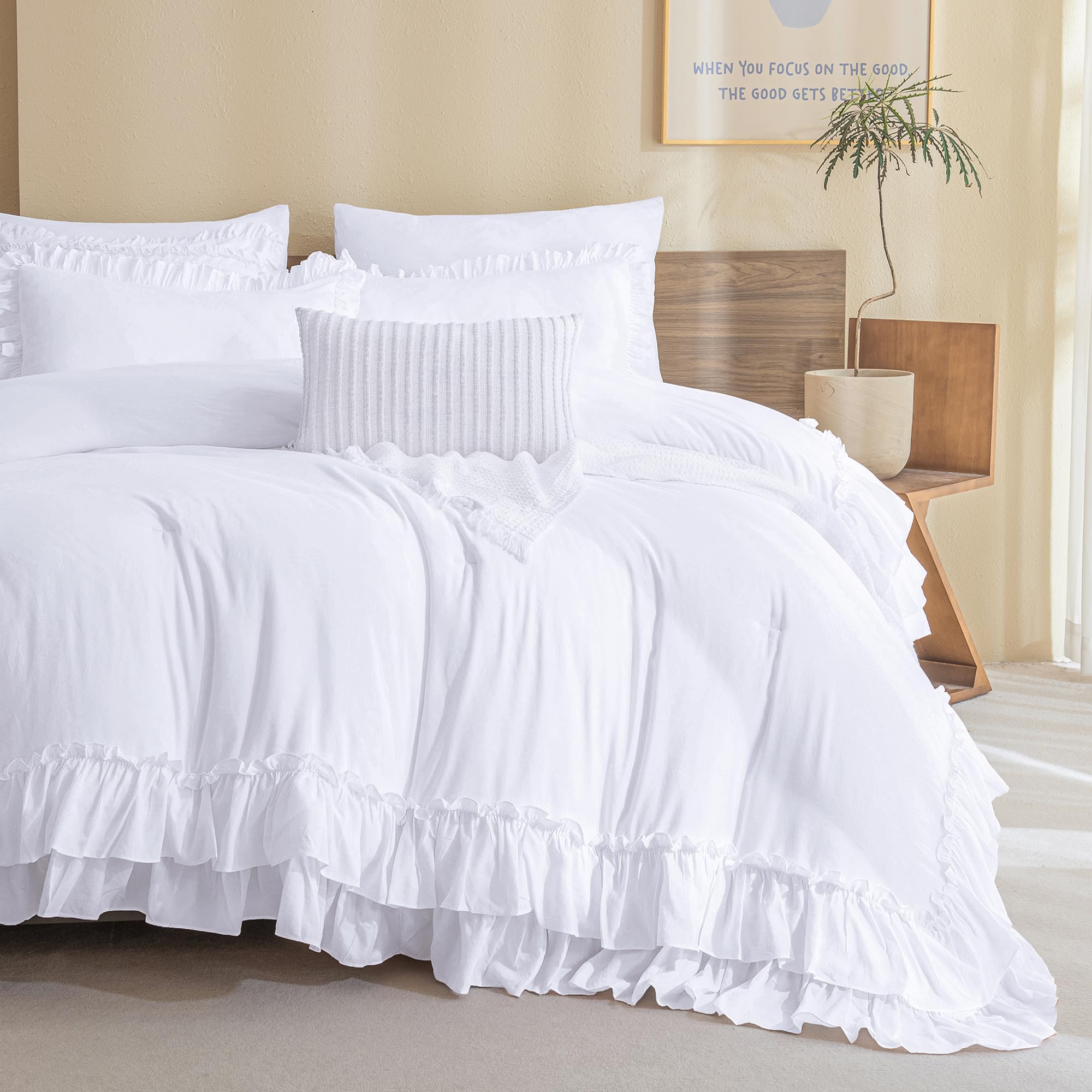 QSH White Ruffled Comforter Set - Queen Size Farmhouse Shabby Chic Boho Bedding - Lightweight Fluffy Microfiber Comforter - 3 Piece Set for Cozy Bedroom Decor & Guest Room Styling