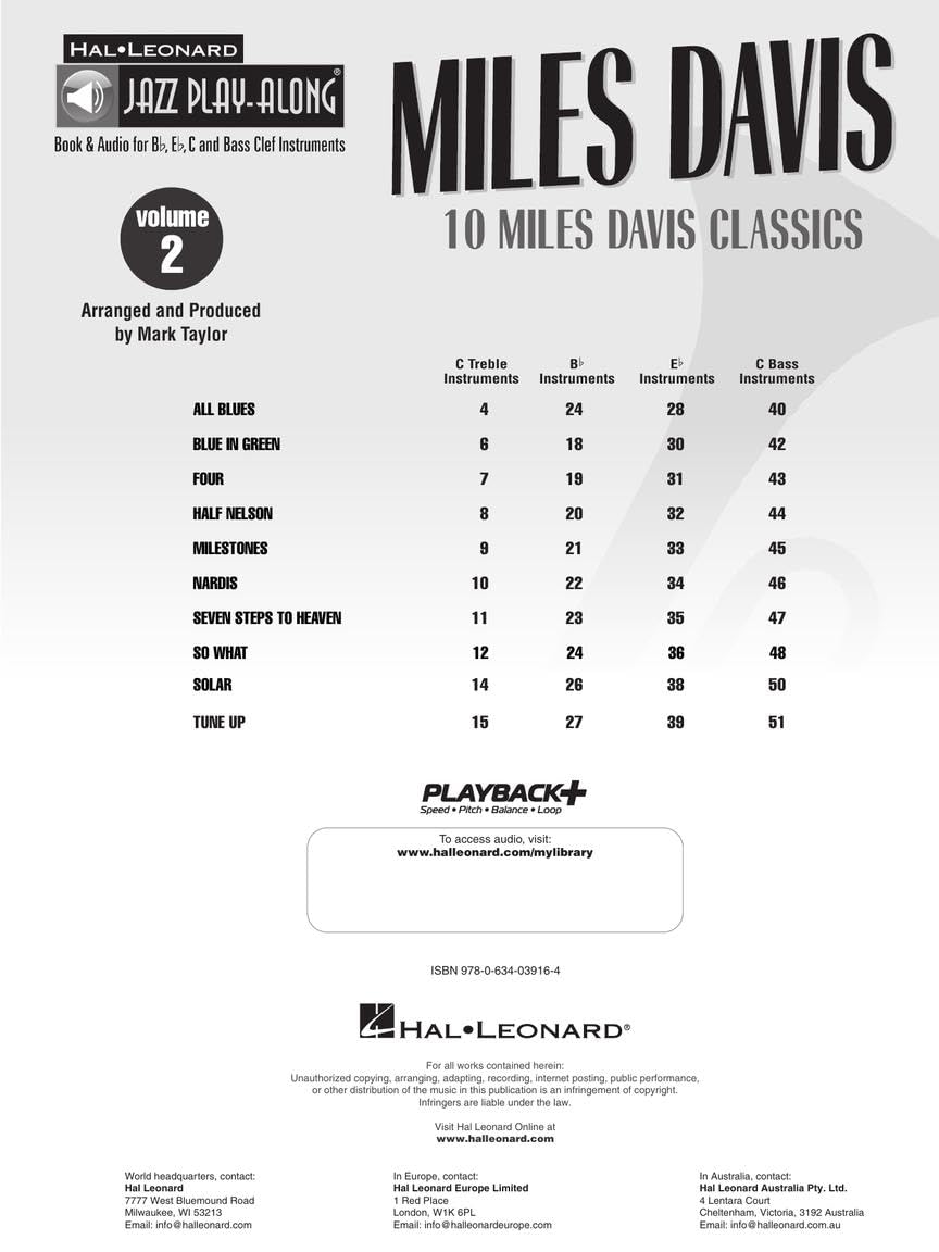Miles Davis Jazz Play-Along Vol. 2 Book with Online Audio - Learn Jazz Improvisation for Saxophone, Trumpet & More - Perfect for Music Lessons & Home Practice