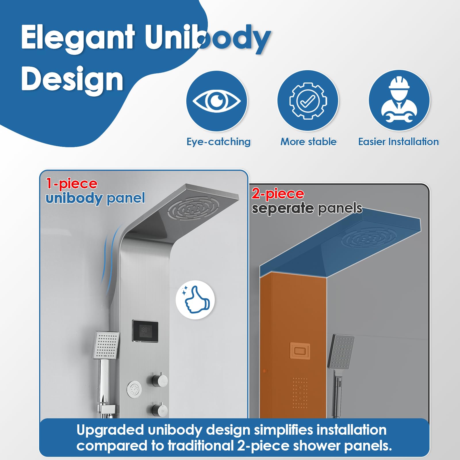 ROVOGO Stainless Steel Shower Panel Tower with Rainfall Showerhead, 6 Body Jets, Handheld Spray & Tub Spout - LED Temperature Display, No Battery Needed - 304 Brushed Stainless Steel Unibody Design for Luxurious Spa Experience at Home