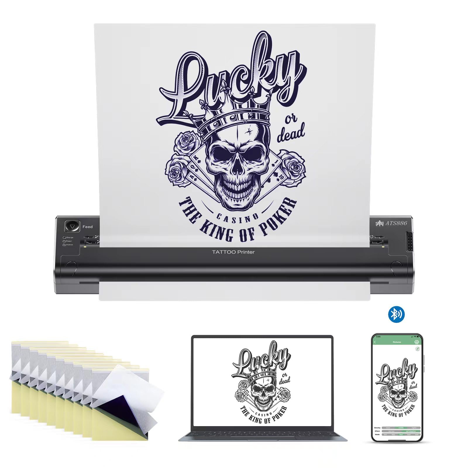 TATELF Wireless Tattoo Stencil Printer Machine - Portable Thermal Transfer Stencil Maker with 15pcs Tattoo Transfer Paper for Professional & Home Tattoo Artists | Perfect for Tattoo Studios, DIY Tattooing & Body Art Design
