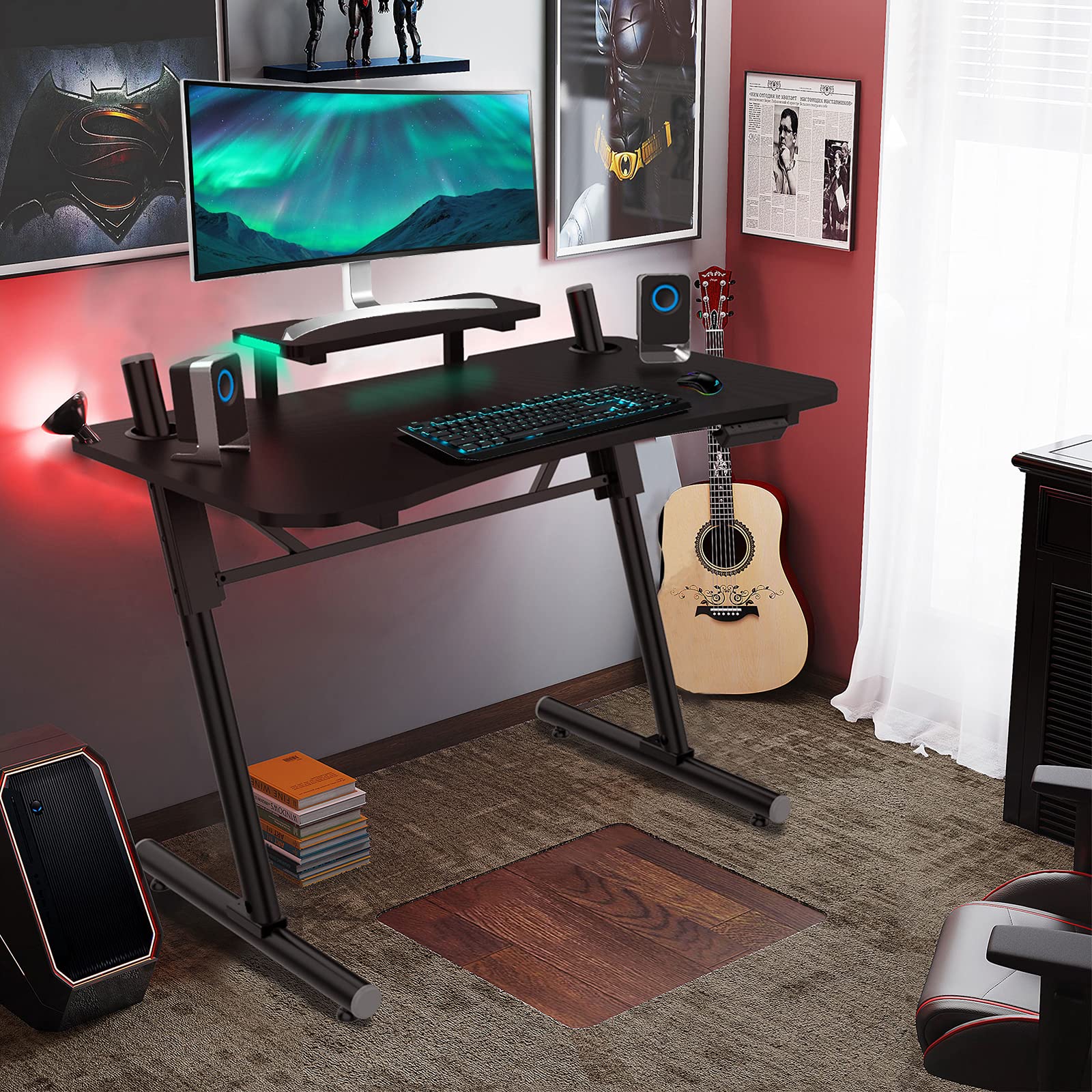41 Inch Black Computer Gaming Desk with LED Lights & Monitor Stand - Adjustable PC Workstation for Home Office & Gaming Setup