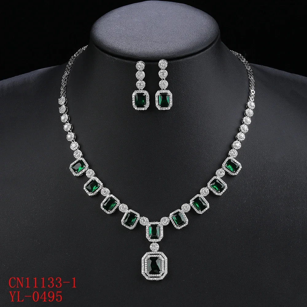 Elegant Cubic Zirconia Bridal Jewelry Set - Silver Tone Necklace & Earrings with Mixed Color Stones (Green/Red) | Perfect for Engagement Parties, Weddings & Special Occasions