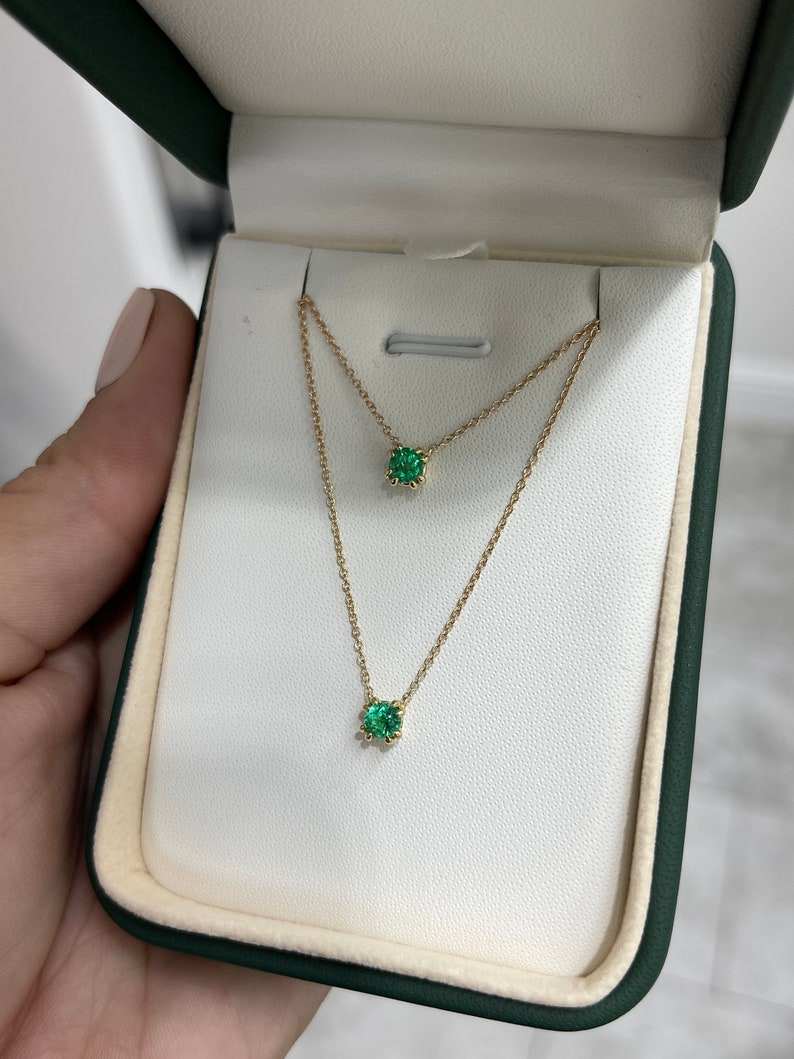 0.35tcw AAA Natural Round Cut Emerald Solitaire Stacking Necklace in 14K Gold - Dainty Petite Jewelry for Layering, Gift for Her, Everyday Wear & Special Occasions
